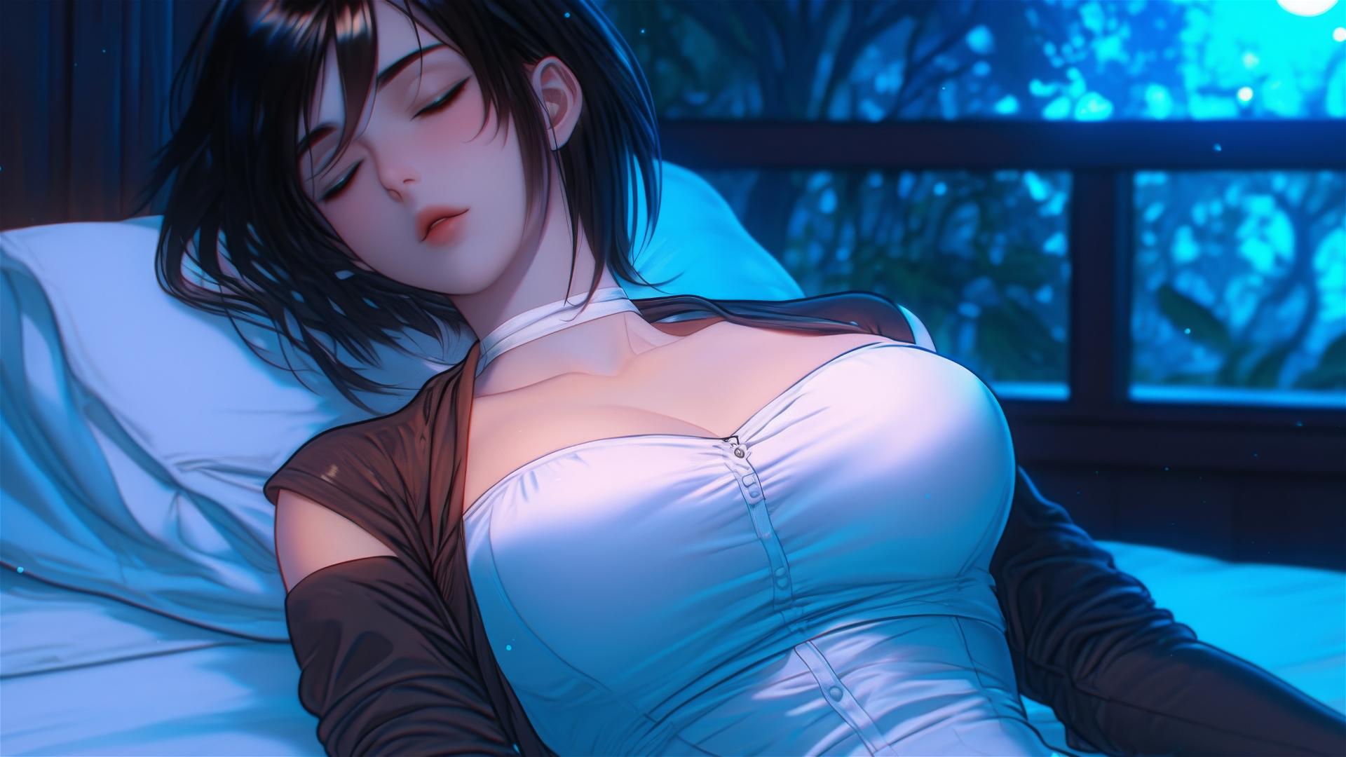 Mikasa Ackerman resting in a modern hotel room with moonlight glow.