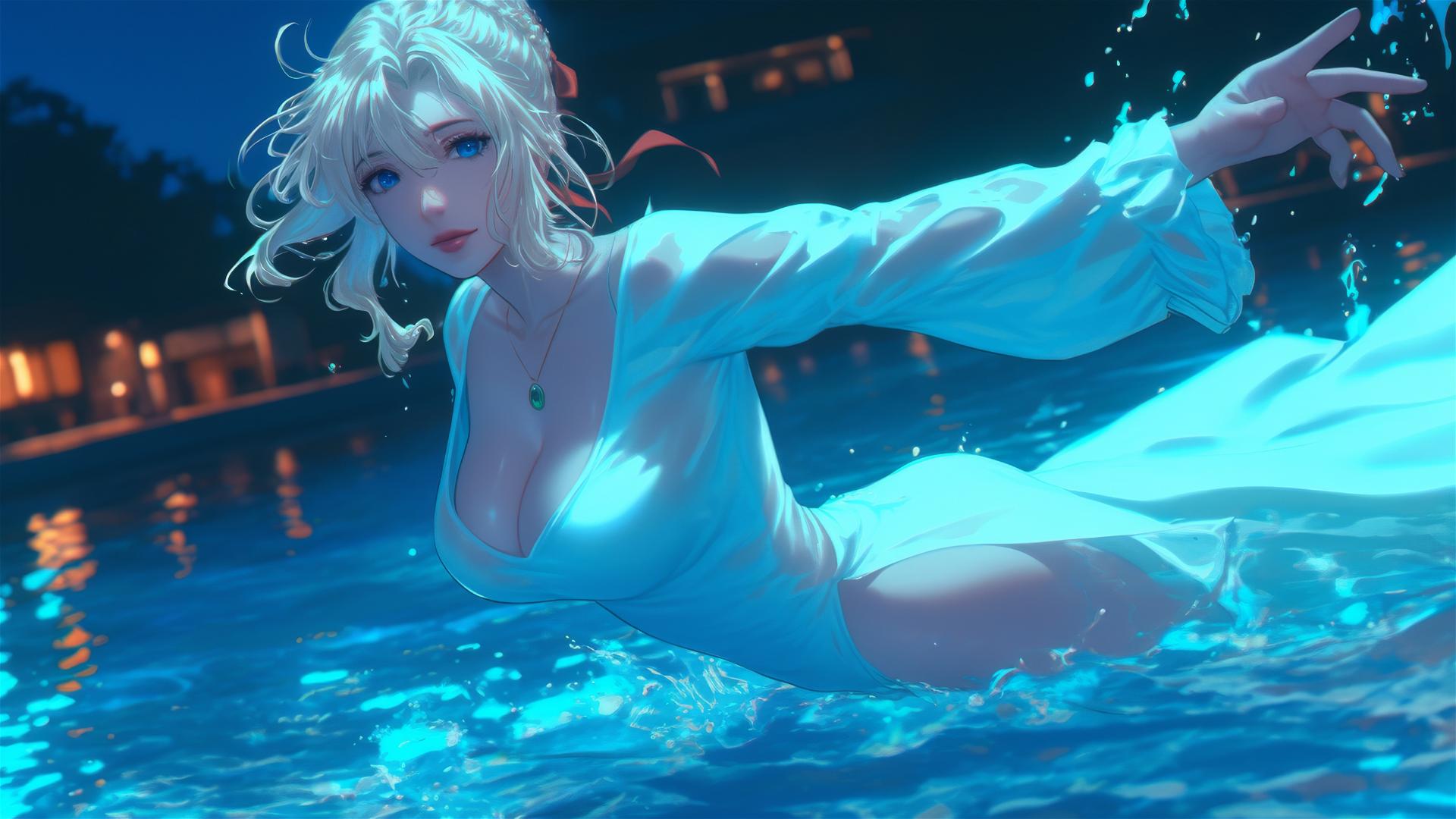 Violet Evergarden jumping out of a swimming pool with moonlight glow.