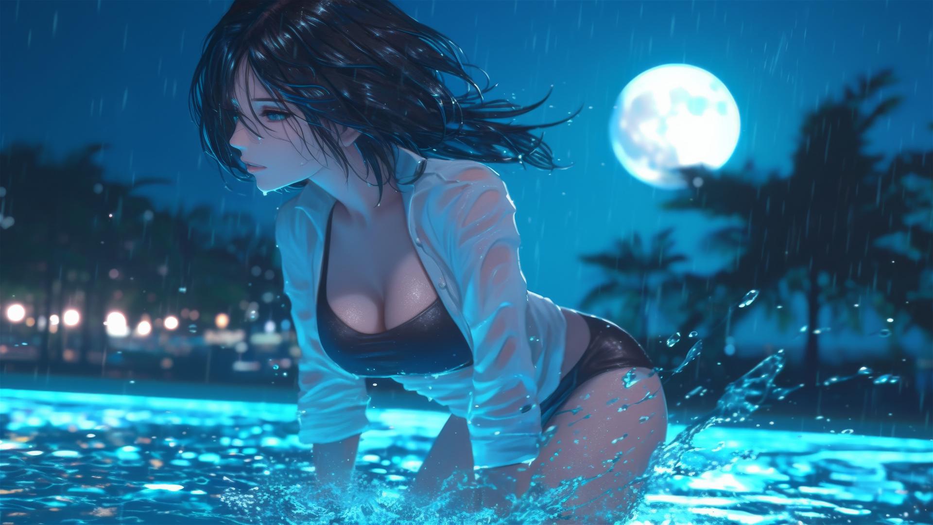 Mikasa Ackerman jumping out of rainy swimming pool under moonlight
