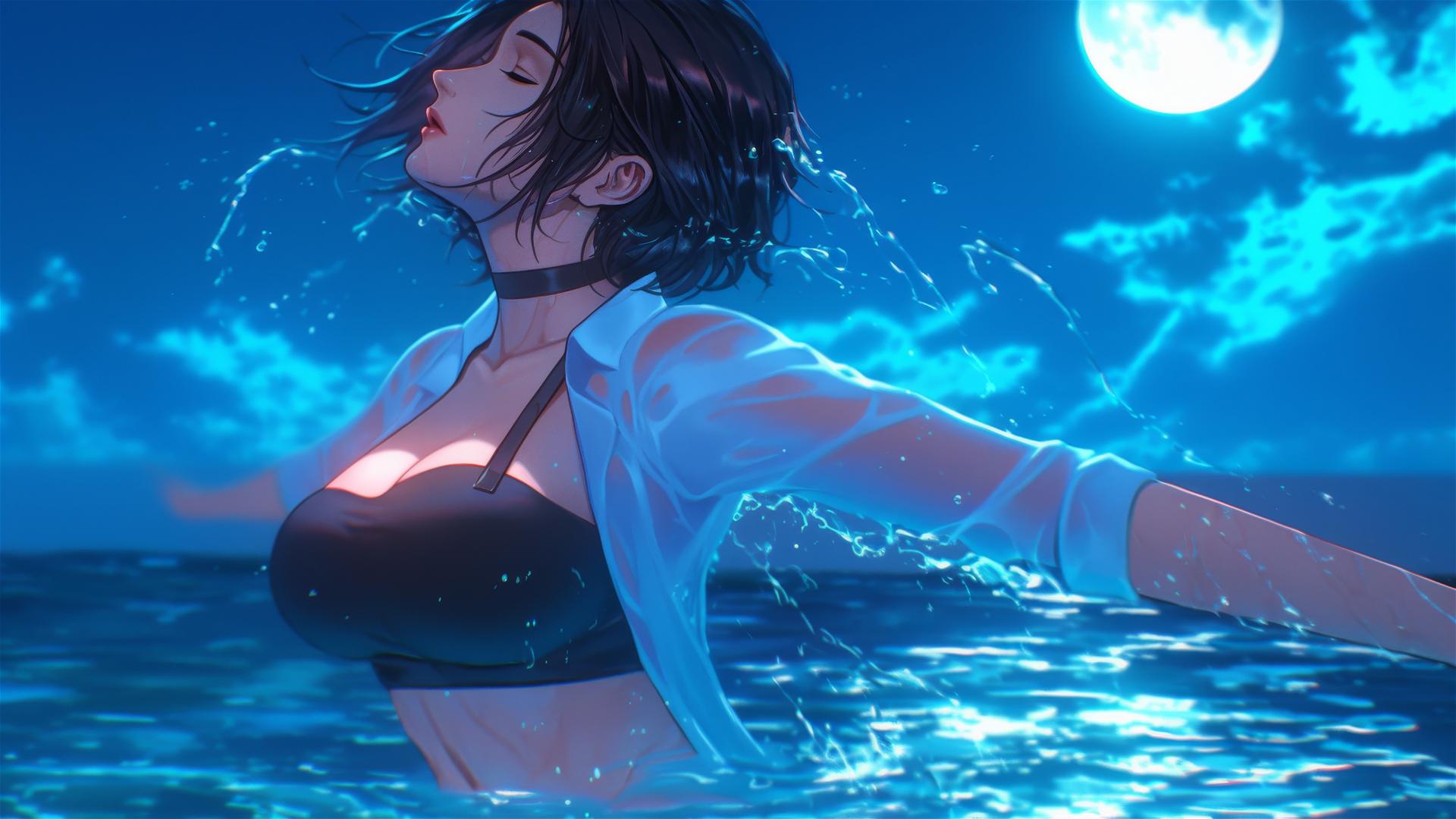 Mikasa Ackerman leaping from a rainy pool under moonlight