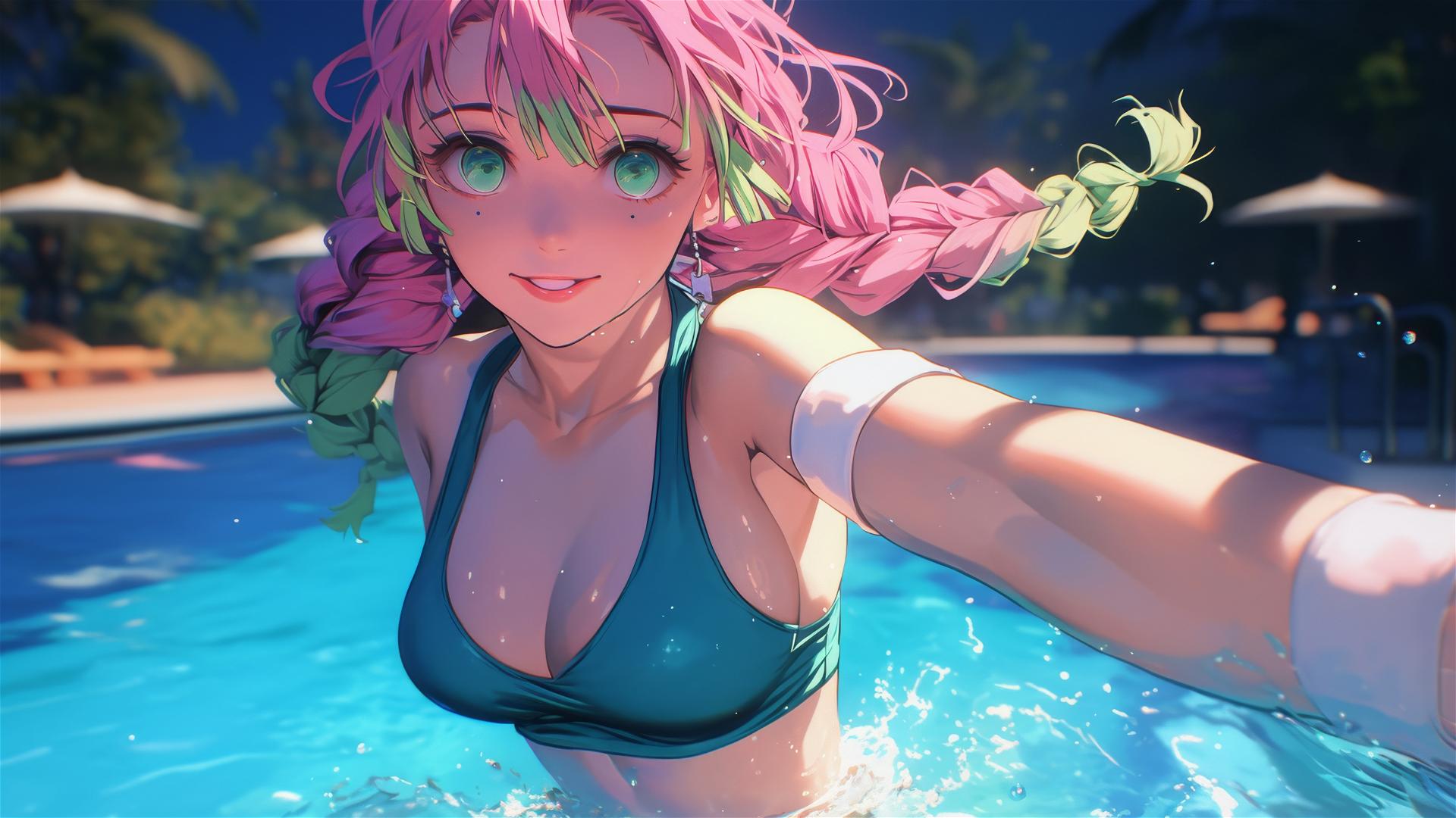 Mitsuri Kanroji jumping out of a pool under moonlight, pink to green hair