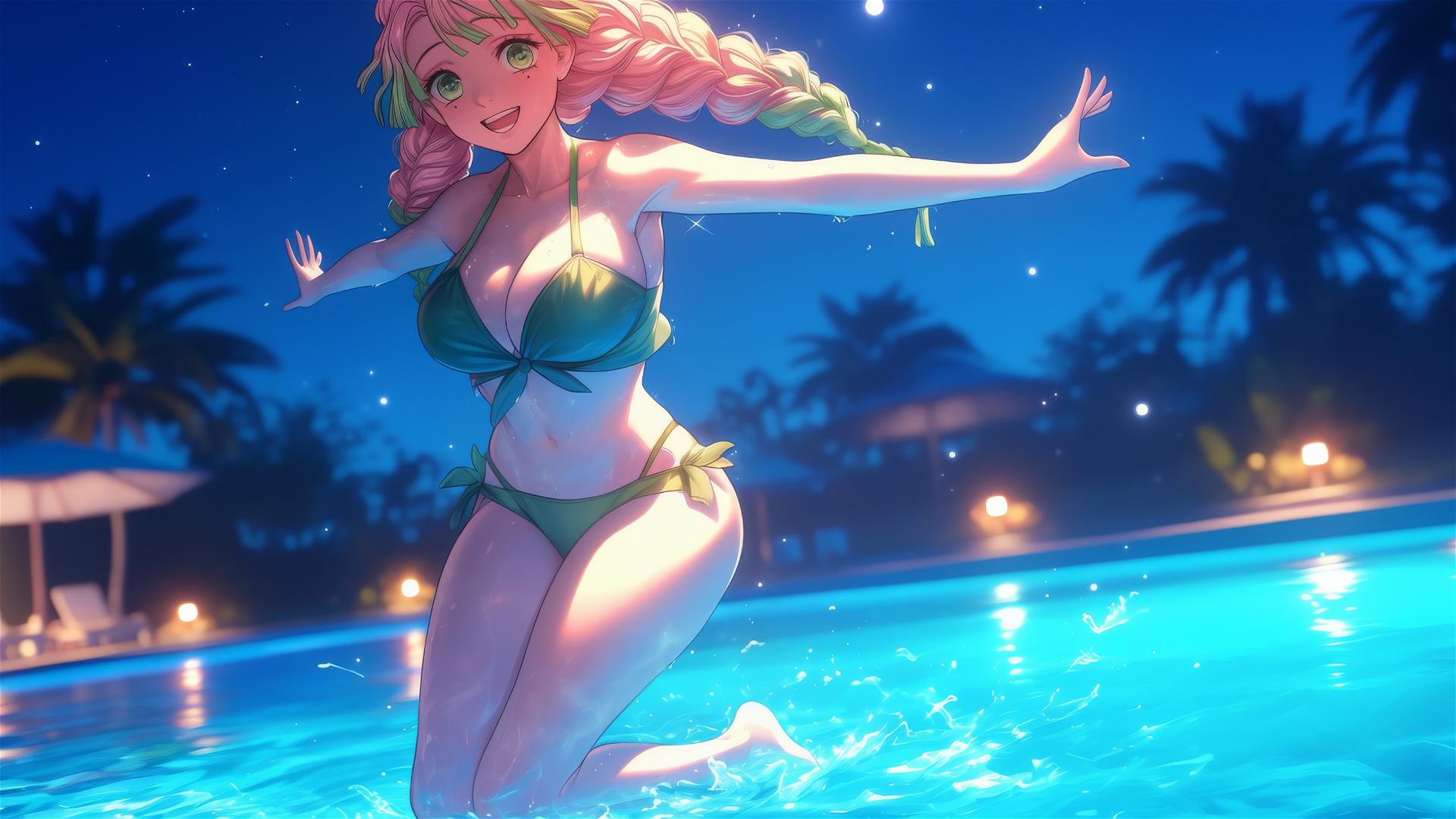 Mitsuri Kanroji from Demon Slayer jumping out of a pool under moonlight