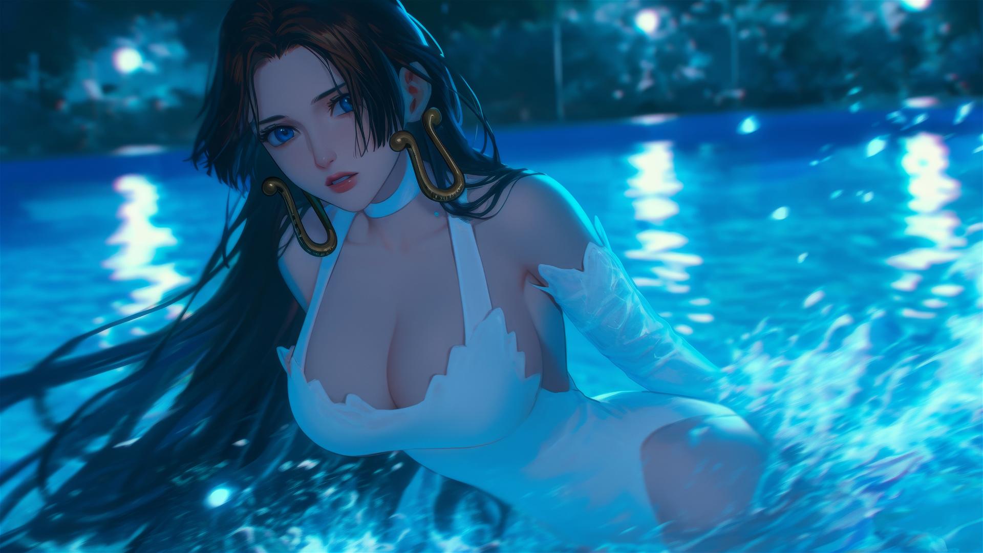 Boa Hancock from One Piece jumping high out of a swimming pool under moonlight glow.
