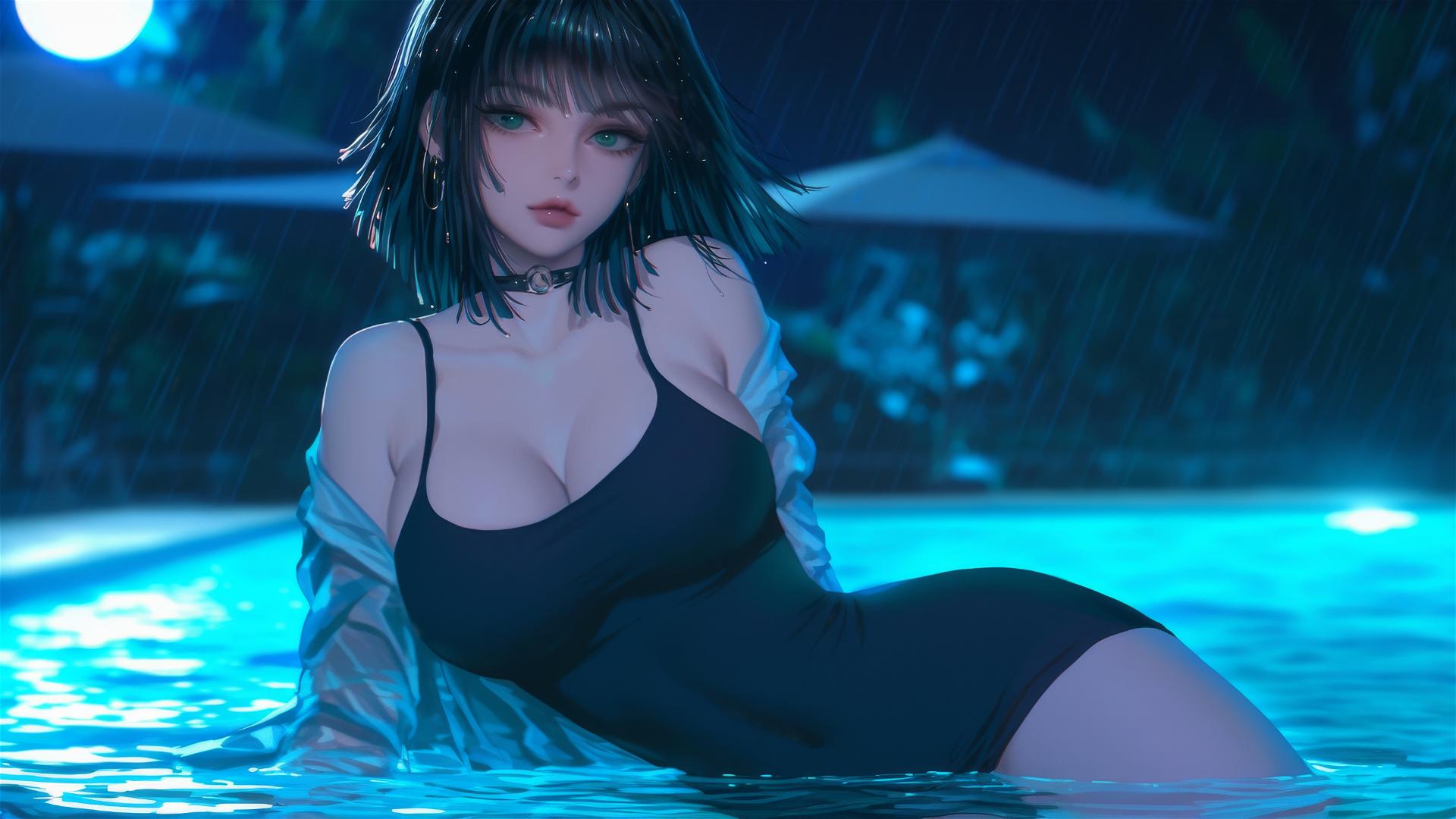 Fubuki from One Punch Man resting by a rainy swimming pool, moonlit.