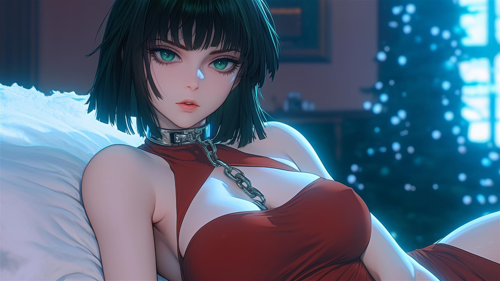 Fubuki from One Punch Man in a Christmas costume, chained in a modern hotel room with neon pink lighting.
