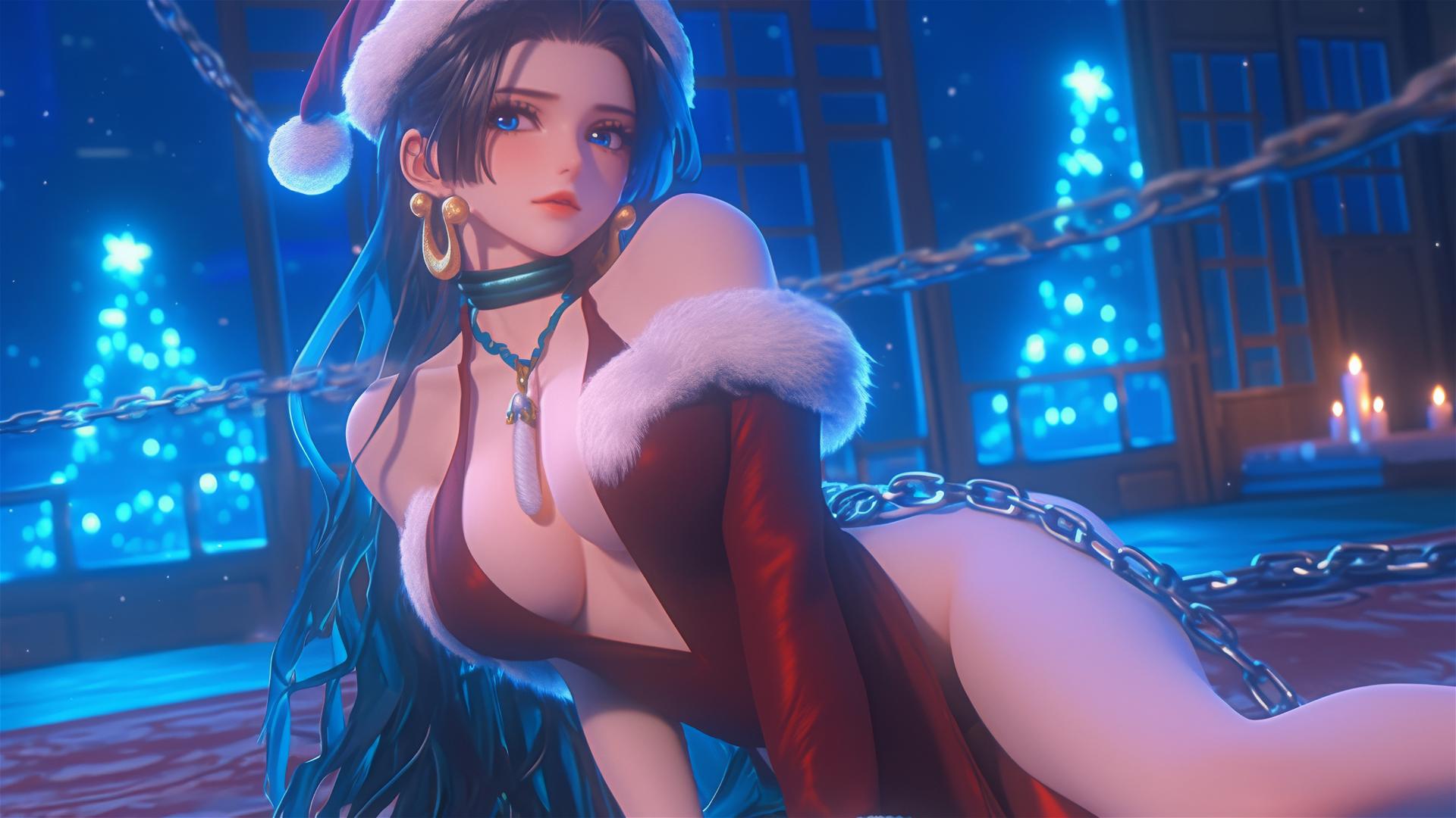 Boa Hancock in Christmas costume with neon glow, chained in a hotel room