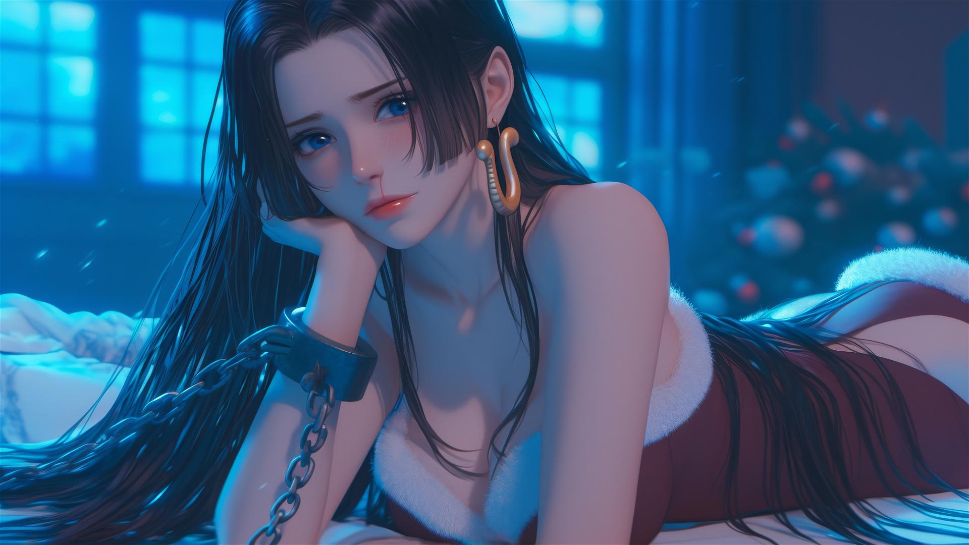 Boa Hancock in Christmas costume chained in a neon-lit modern hotel room