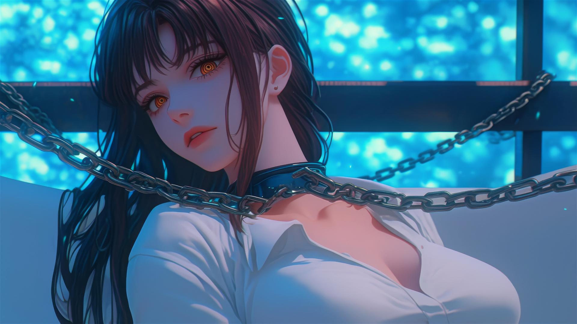 Makima from Chainsaw Man in chains, resting in a tub under moonlight.