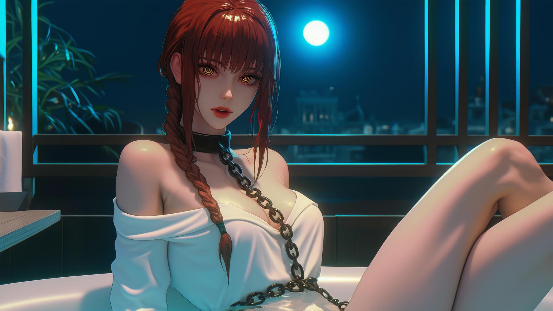 Makima from Chainsaw Man in iron chains in a moonlit bath