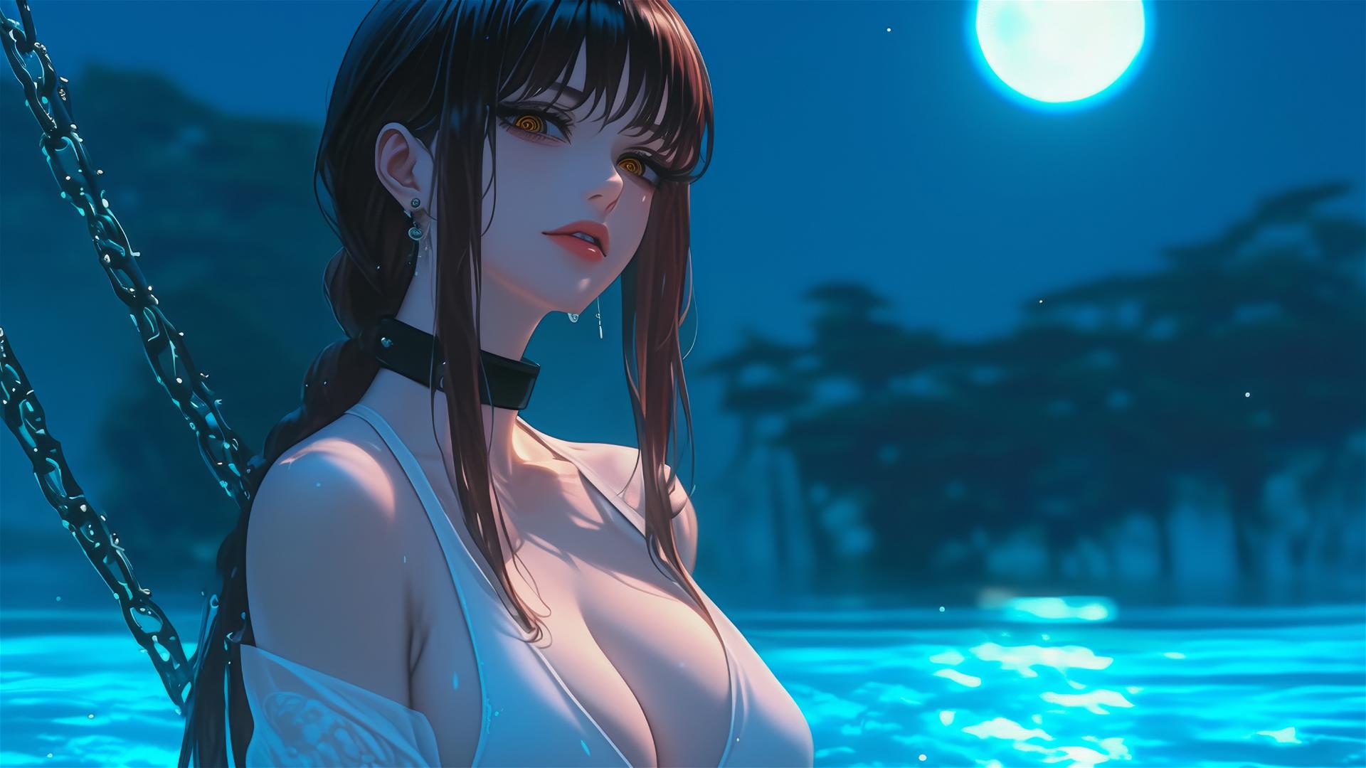 Makima from Chainsaw Man resting with neck locked in thick iron chains, bathed in moonlight at a modern hotel.