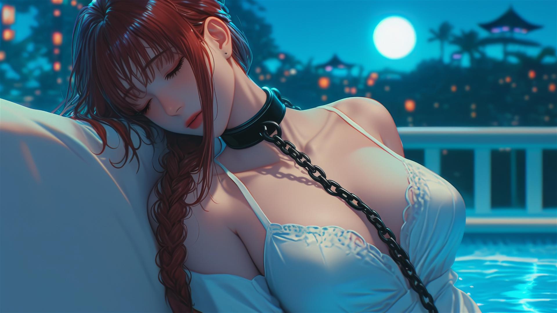 Makima from Chainsaw Man, chained, in a modern hotel room under moonlight