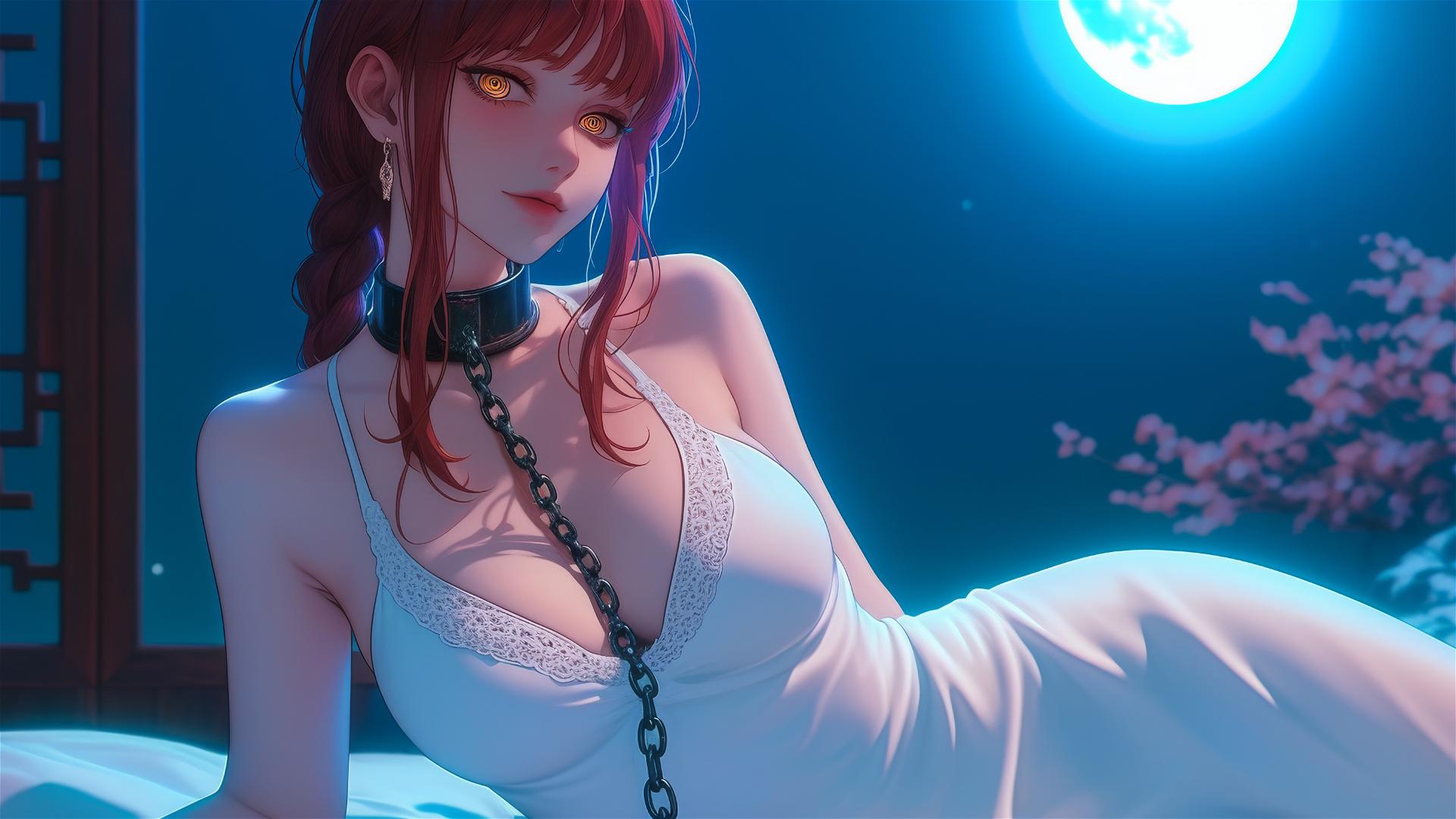 Makima from Chainsaw Man rests with iron chains in a moonlit modern hotel room
