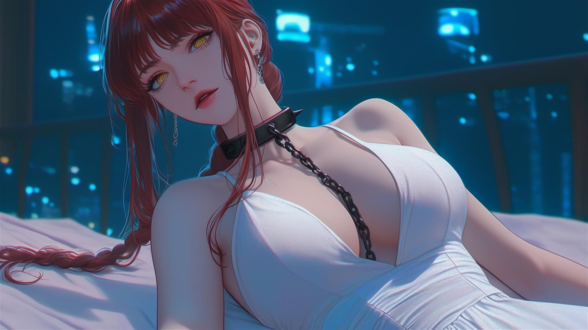 Makima from Chainsaw Man locked with iron chains in a modern hotel room under moonlight