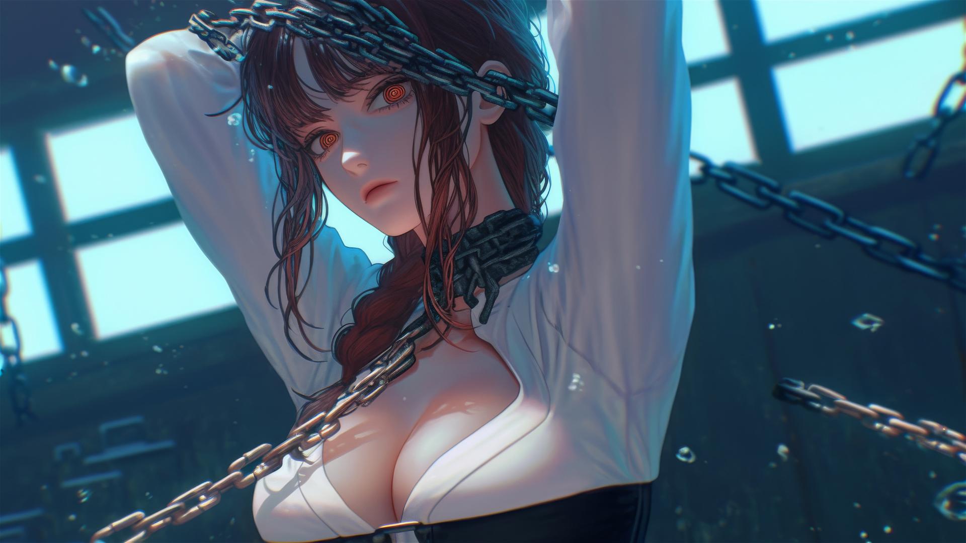 Makima from Chainsaw Man, neck locked with thick iron chains in dark stairwell with dim light.
