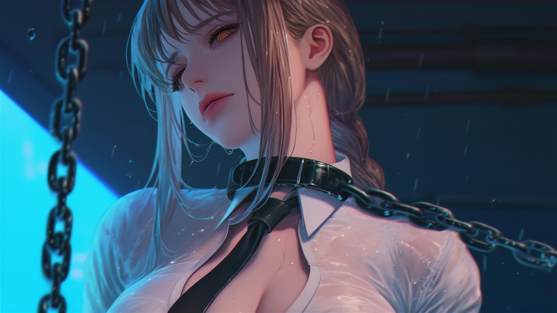Makima from Chainsaw Man locked with thick iron chains in a dimly lit basement.