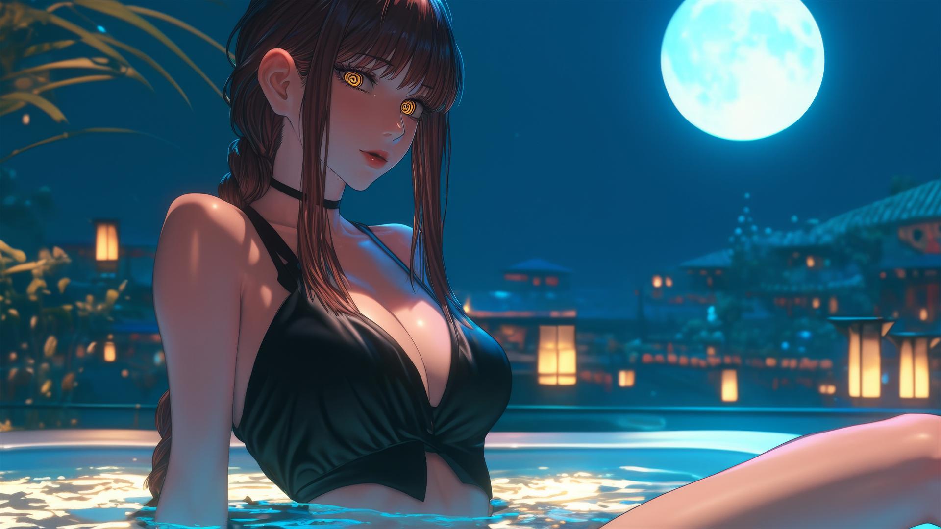 Makima from Chainsaw Man jumps out of a tub in her apartment under moonlight