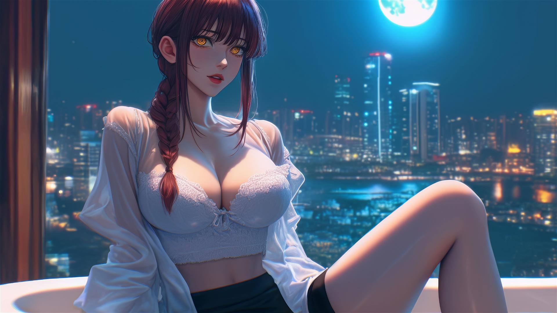 Makima from Chainsaw Man in a tub, bathed in moonlight, looking beautiful.