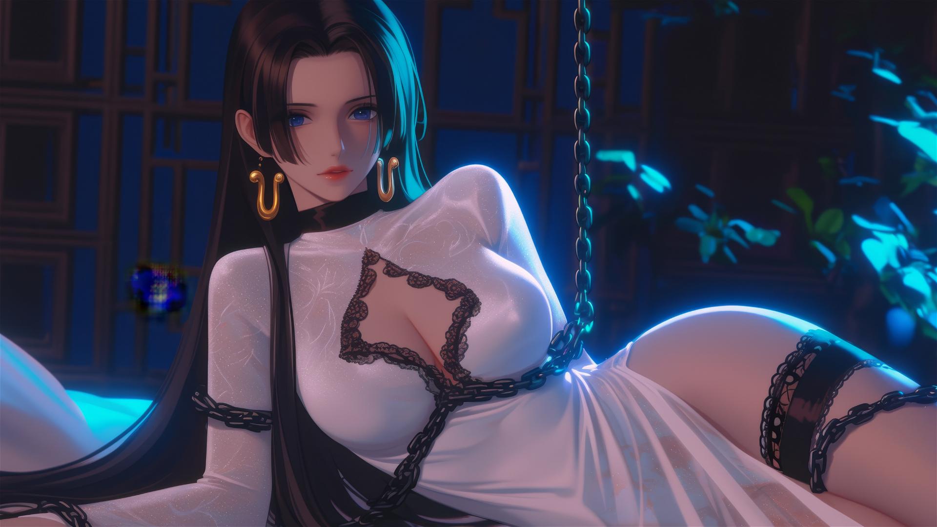 Boa Hancock from One Piece, locked in thick iron chains, in a modern hotel room with neon lighting.
