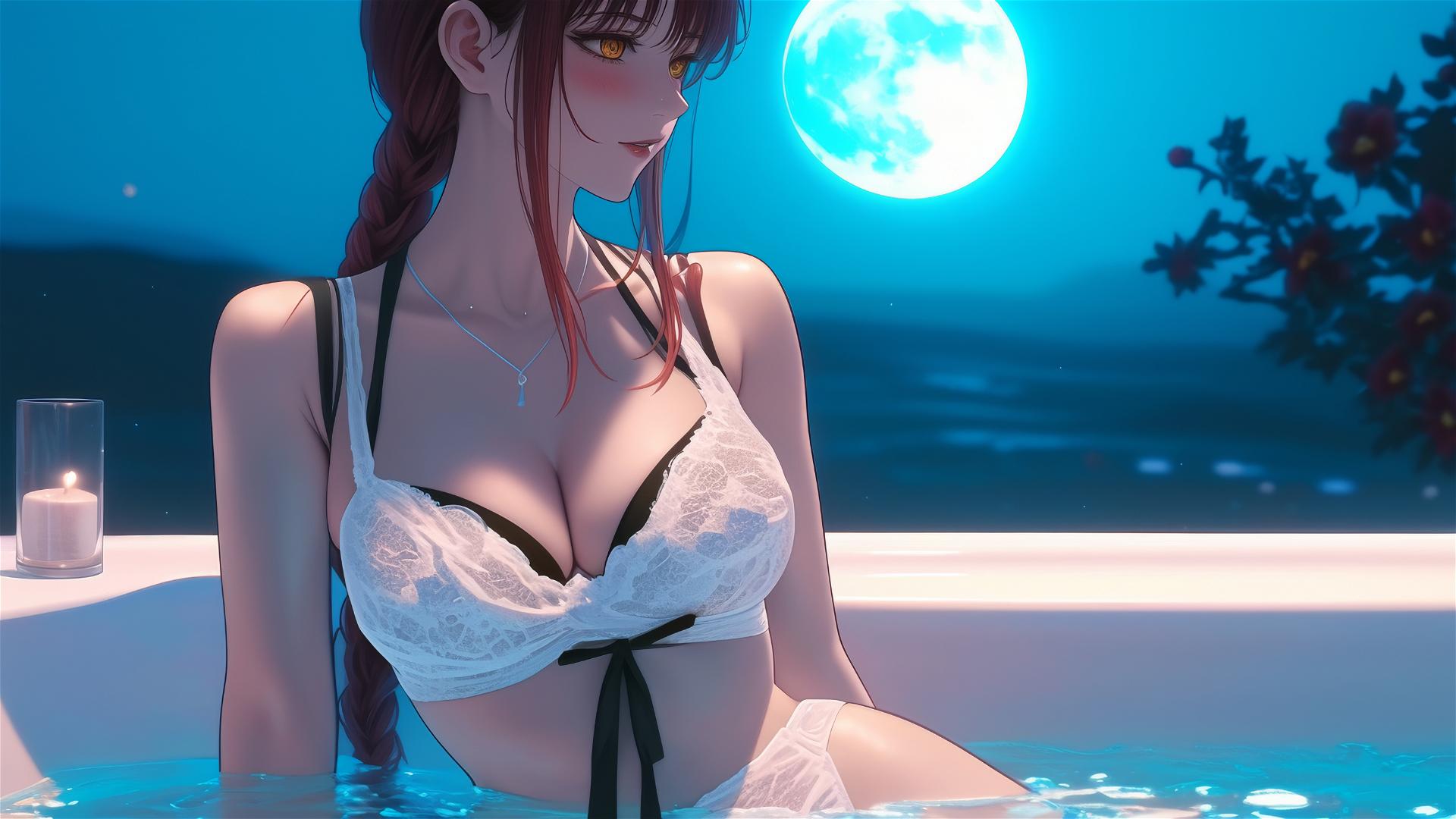 Makima from Chainsaw Man in a bathtub with moonlight glow