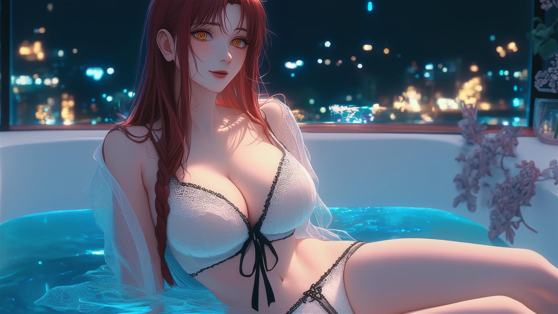 Makima from Chainsaw Man in a tub with soft moonlight.