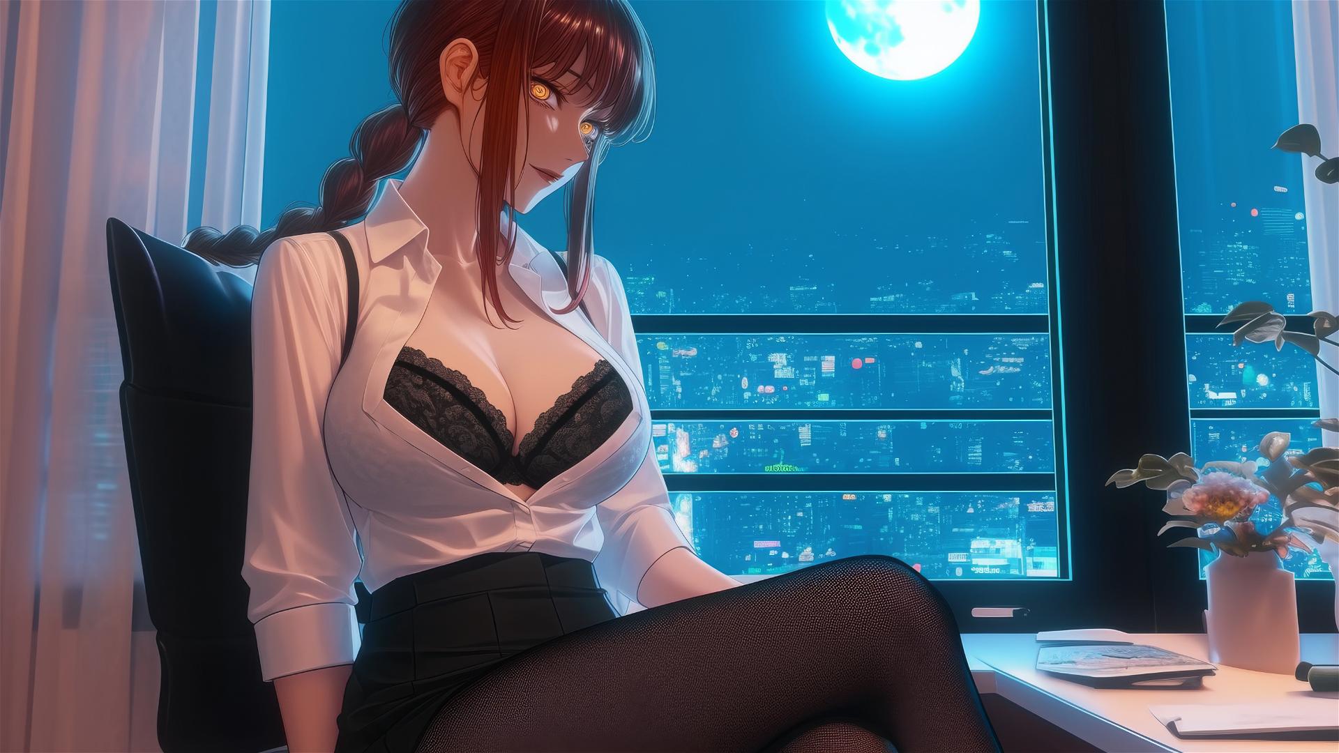 Makima from Chainsaw Man in a modern office with moonlight glow
