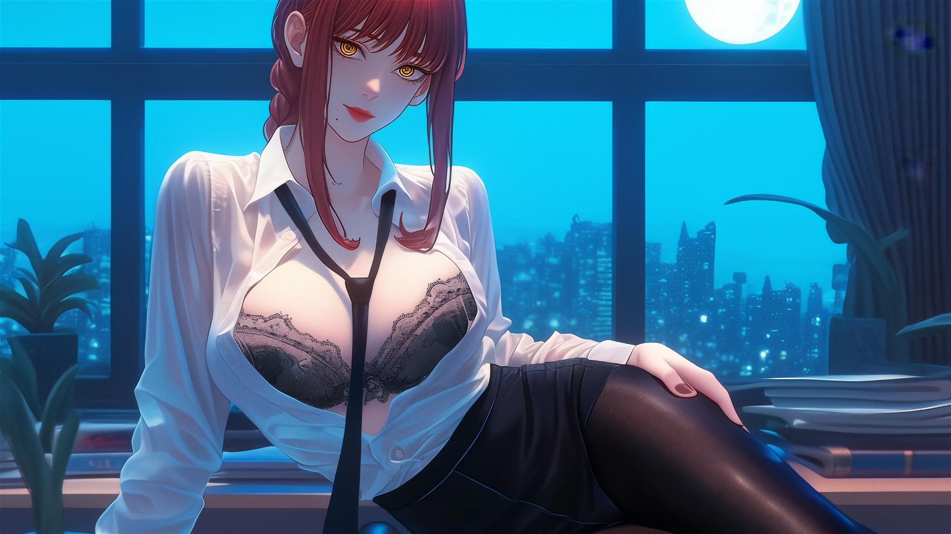 Makima from Chainsaw Man with reddish hair in a modern office, bathed in moonlight.