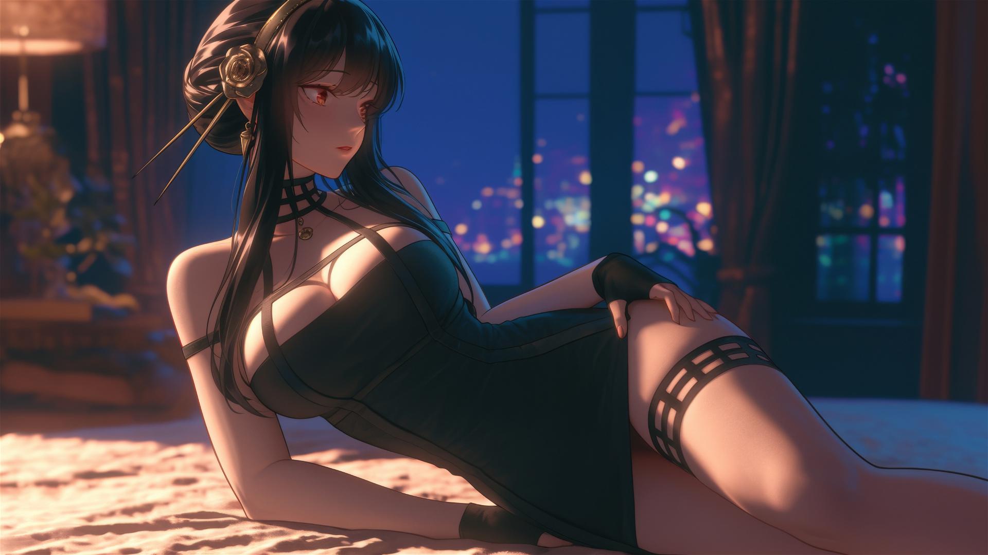 Yor Forger from Spy x Family tied by rope in a softly lit modern hotel room