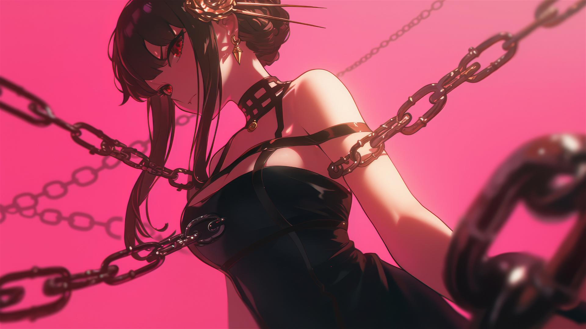 Yor Forger from Spy x Family, locked in chains, glowing neon lights, pink background.