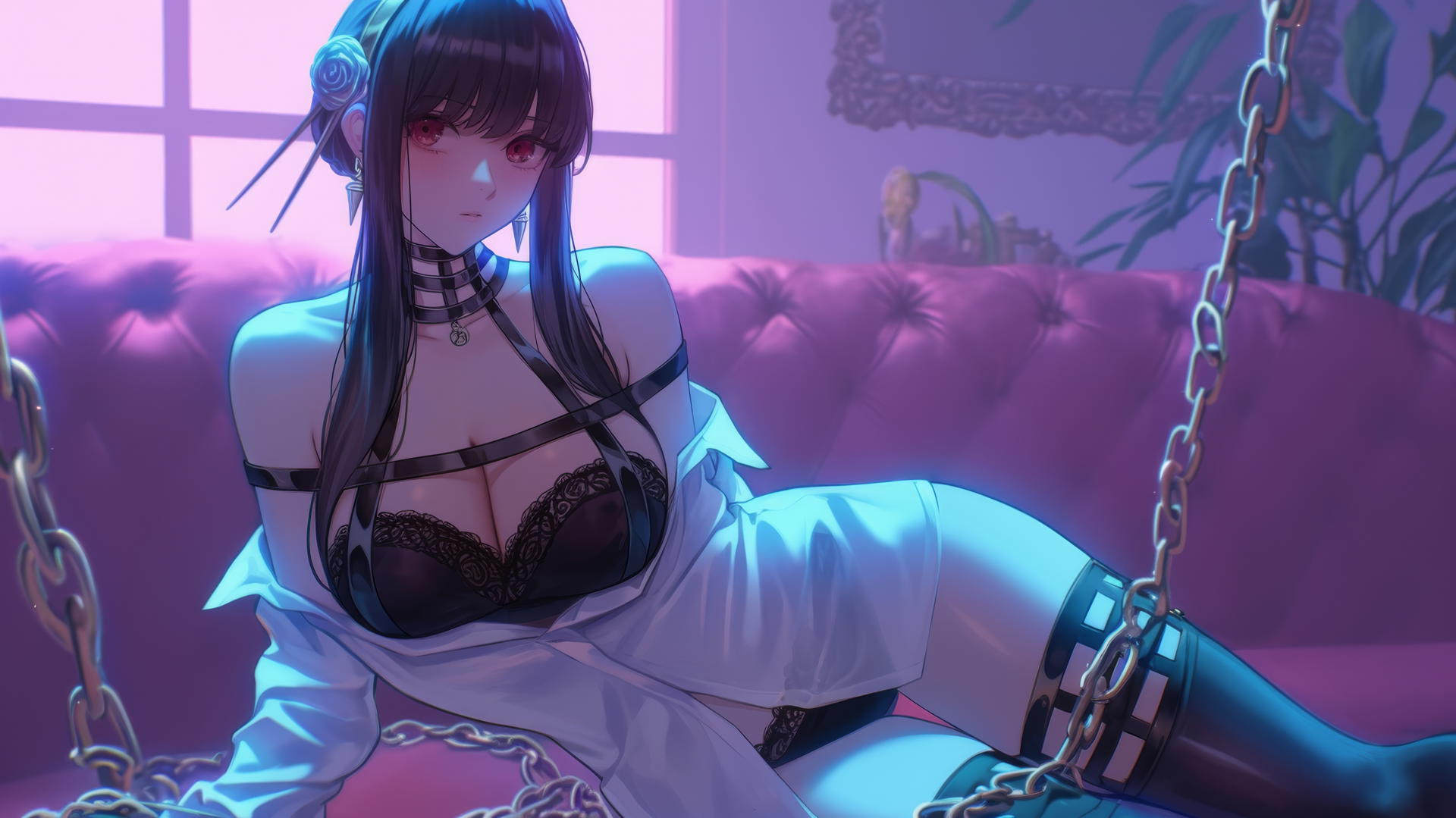 Yor Forger from Spy x Family locked by thick iron chains in a neon-lit hotel room