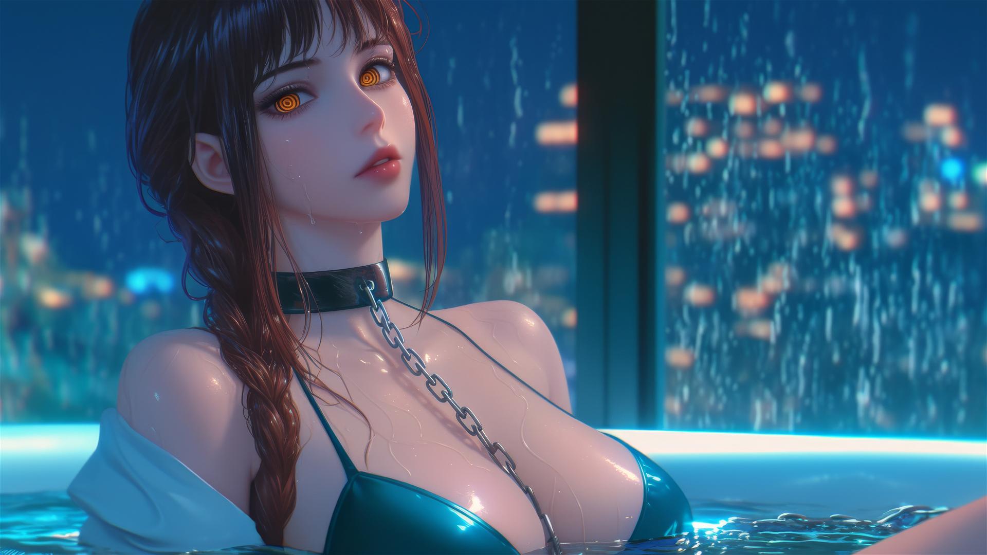 Makima from Chainsaw Man in a bathtub, neck locked with iron chains, moonlight glow
