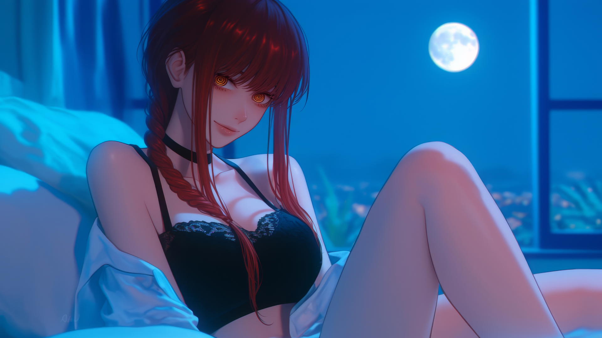 Makima from Chainsaw Man bathed in moonlight in her room, exuding beauty and an ambiguous atmosphere.