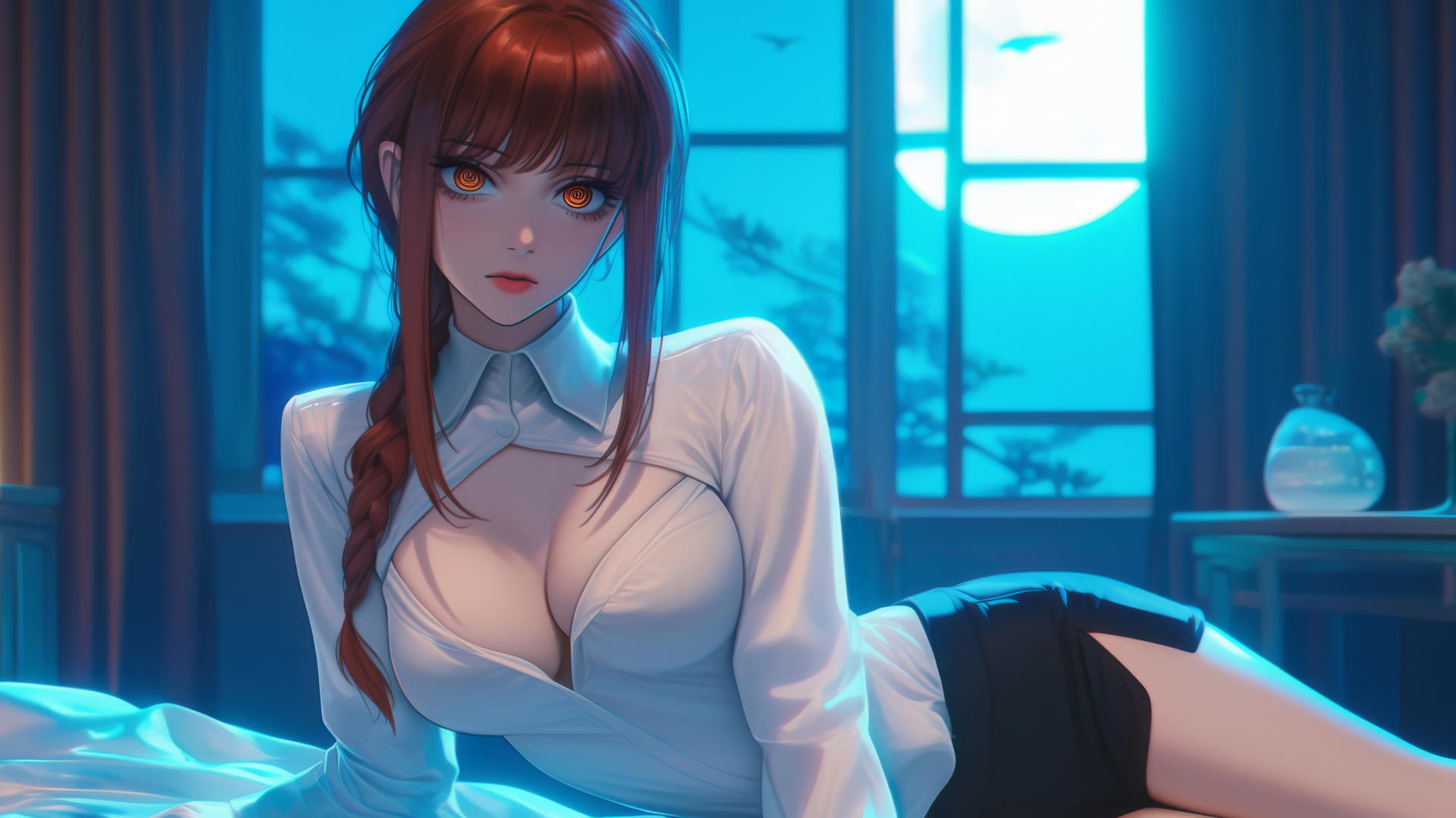 Makima from Chainsaw Man, softly illuminated by moonlight in her room.