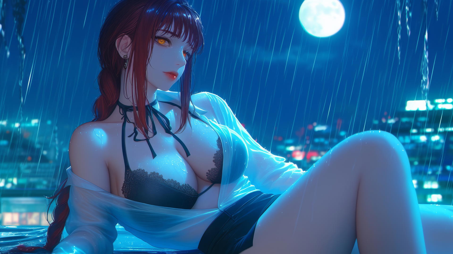 Makima from Chainsaw Man resting on rainy rooftop under moonlight