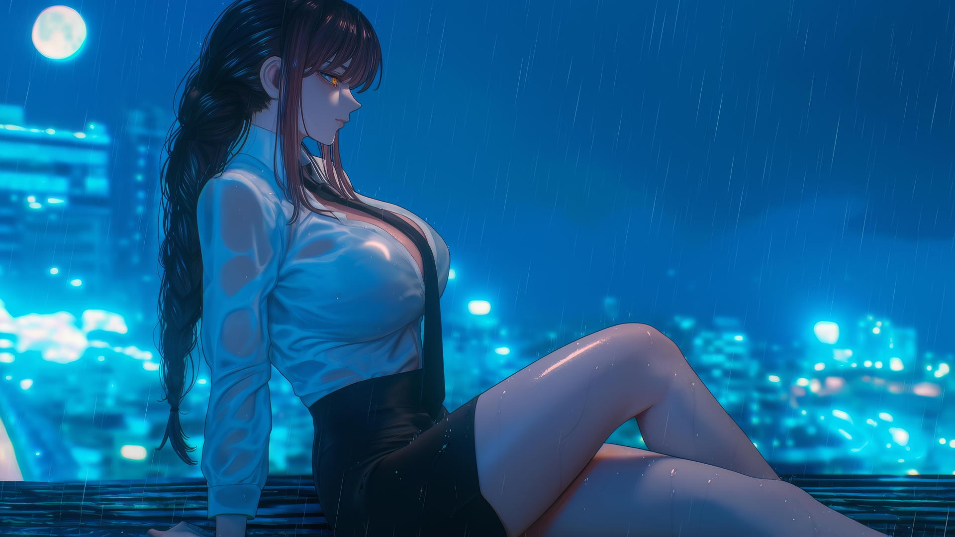 Makima from Chainsaw Man resting on a rainy rooftop under moonlight