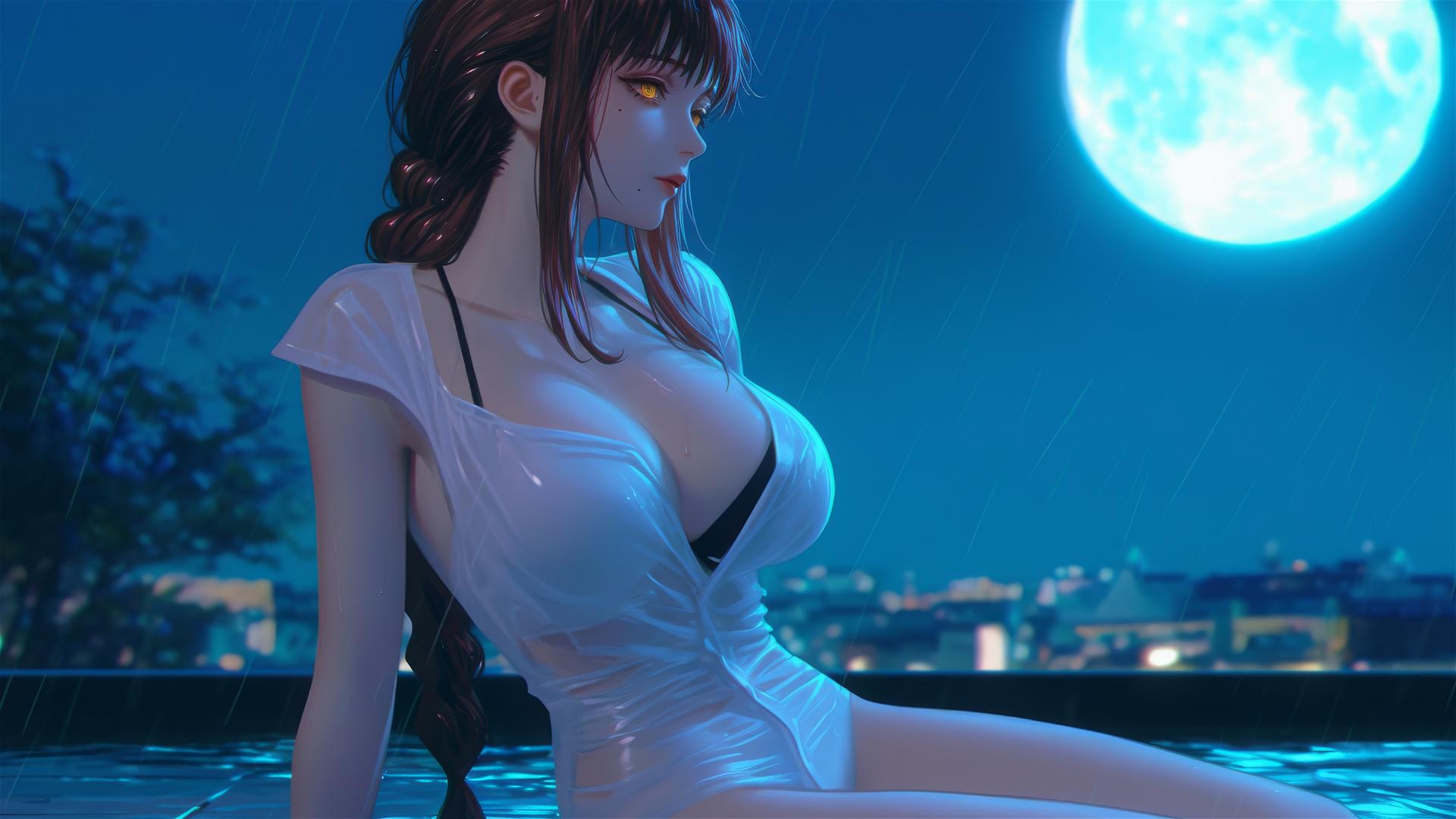Makima from Chainsaw Man resting on rainy rooftop under moonlight