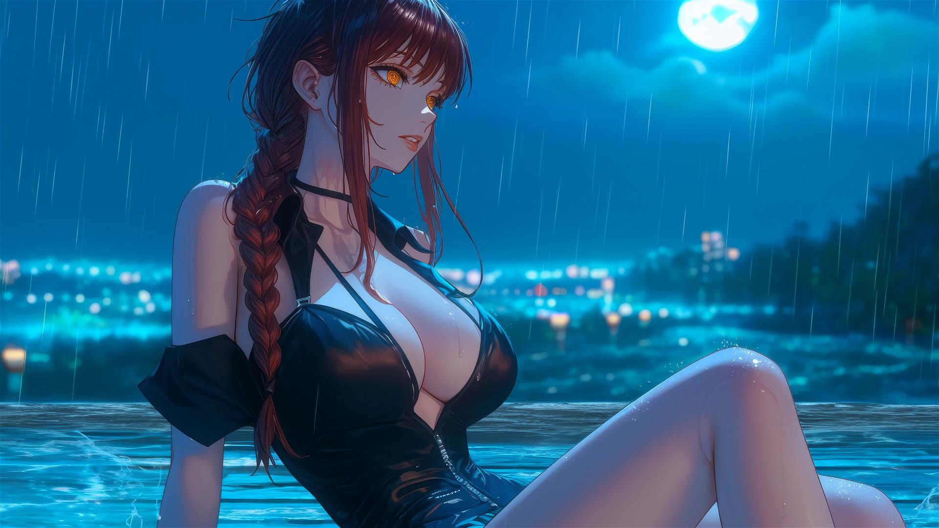 Makima from Chainsaw Man resting on a rainy rooftop under moonlight