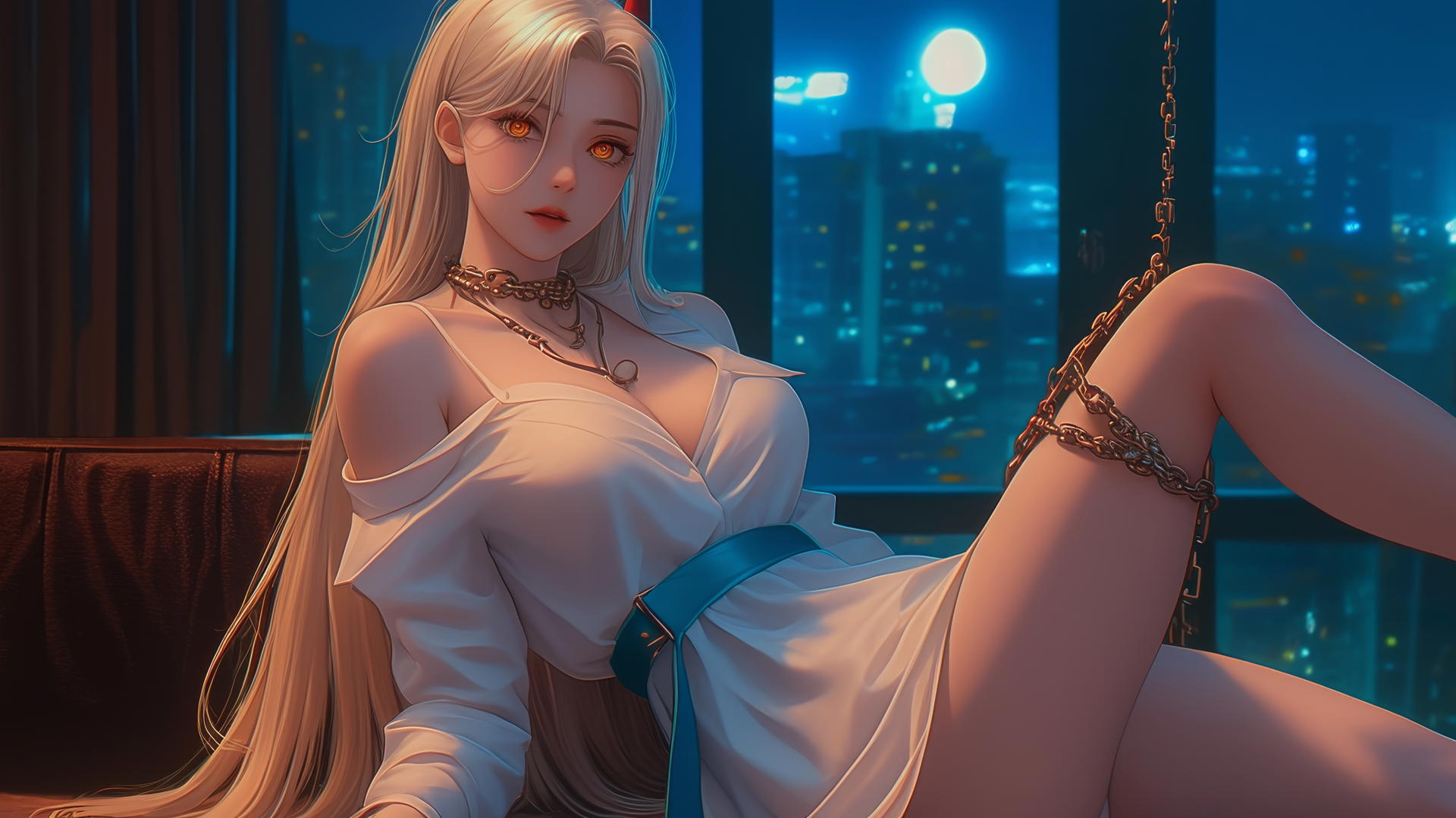 Chainsaw Man character Power, neck locked with chains, in a modern hotel room