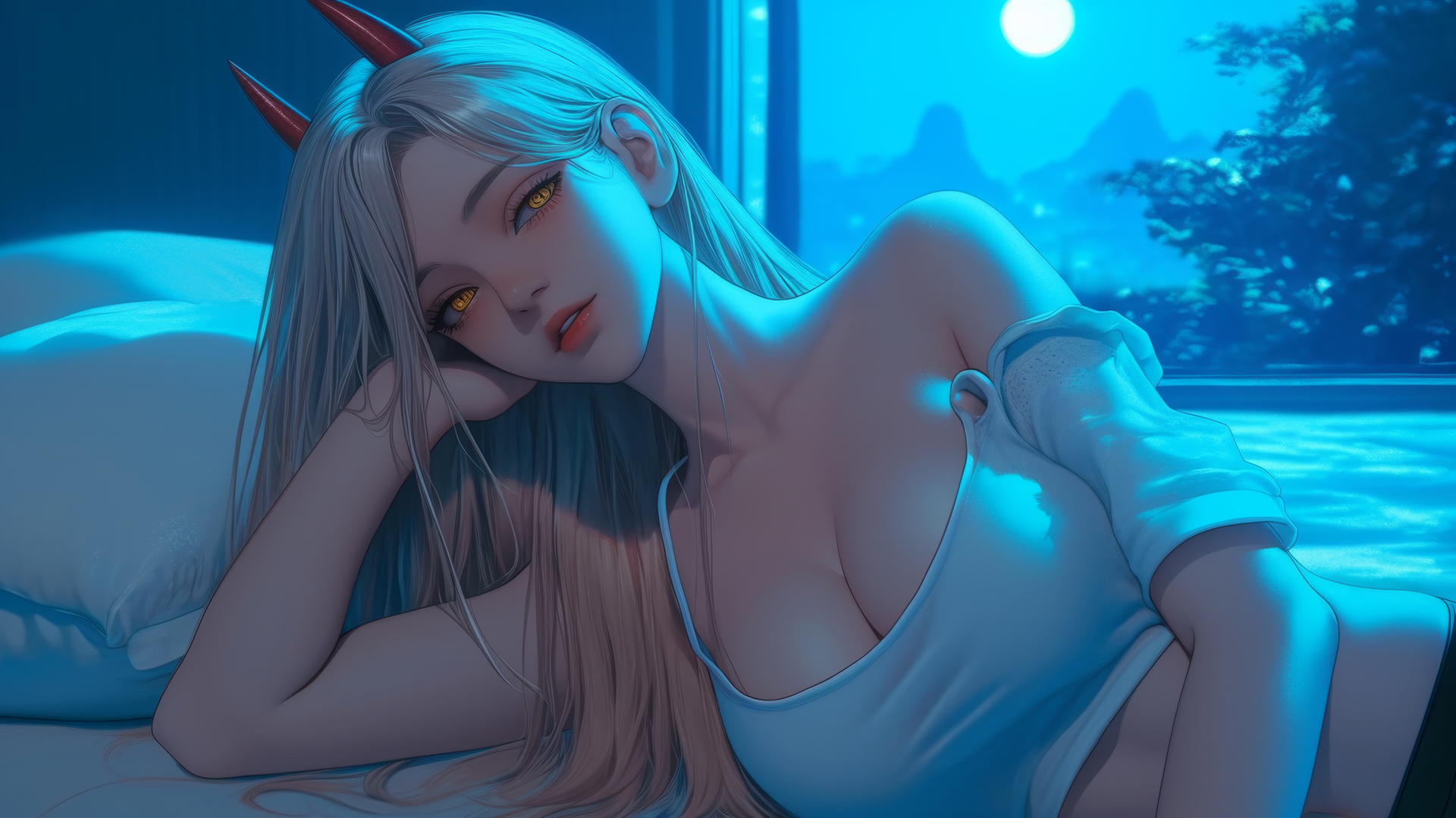 Power from Chainsaw Man relaxing in modern hotel room, blonde hair, light red horns, yellow eyes, moonlit.