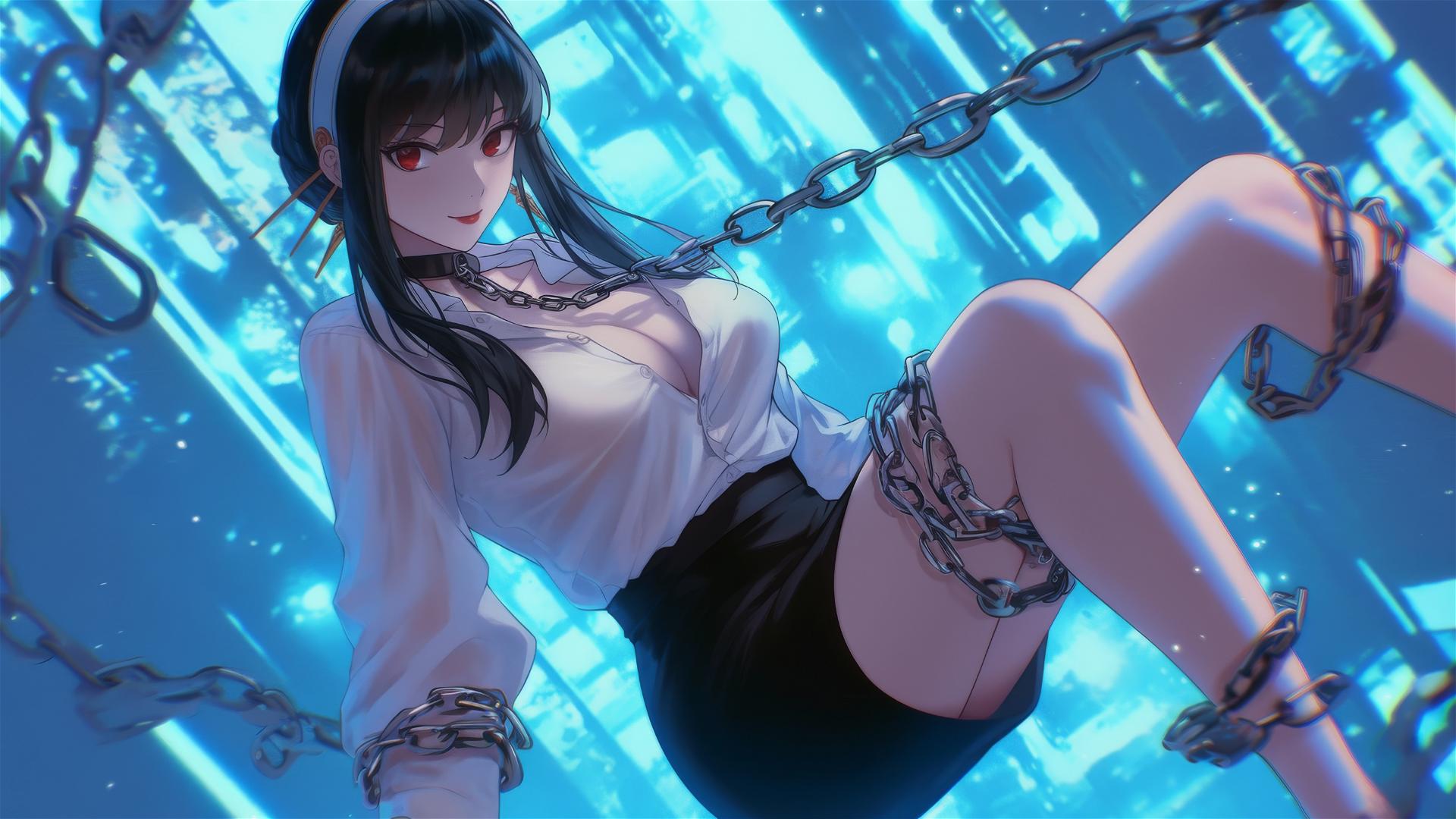Yor Forger in a modern hotel room, chained, in a white office shirt