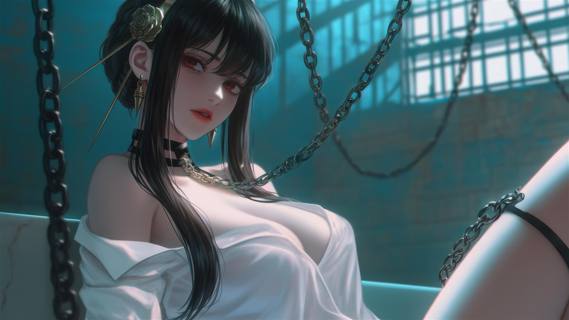 Yor Forger from Spy x Family chained in a tub, neon light glowing