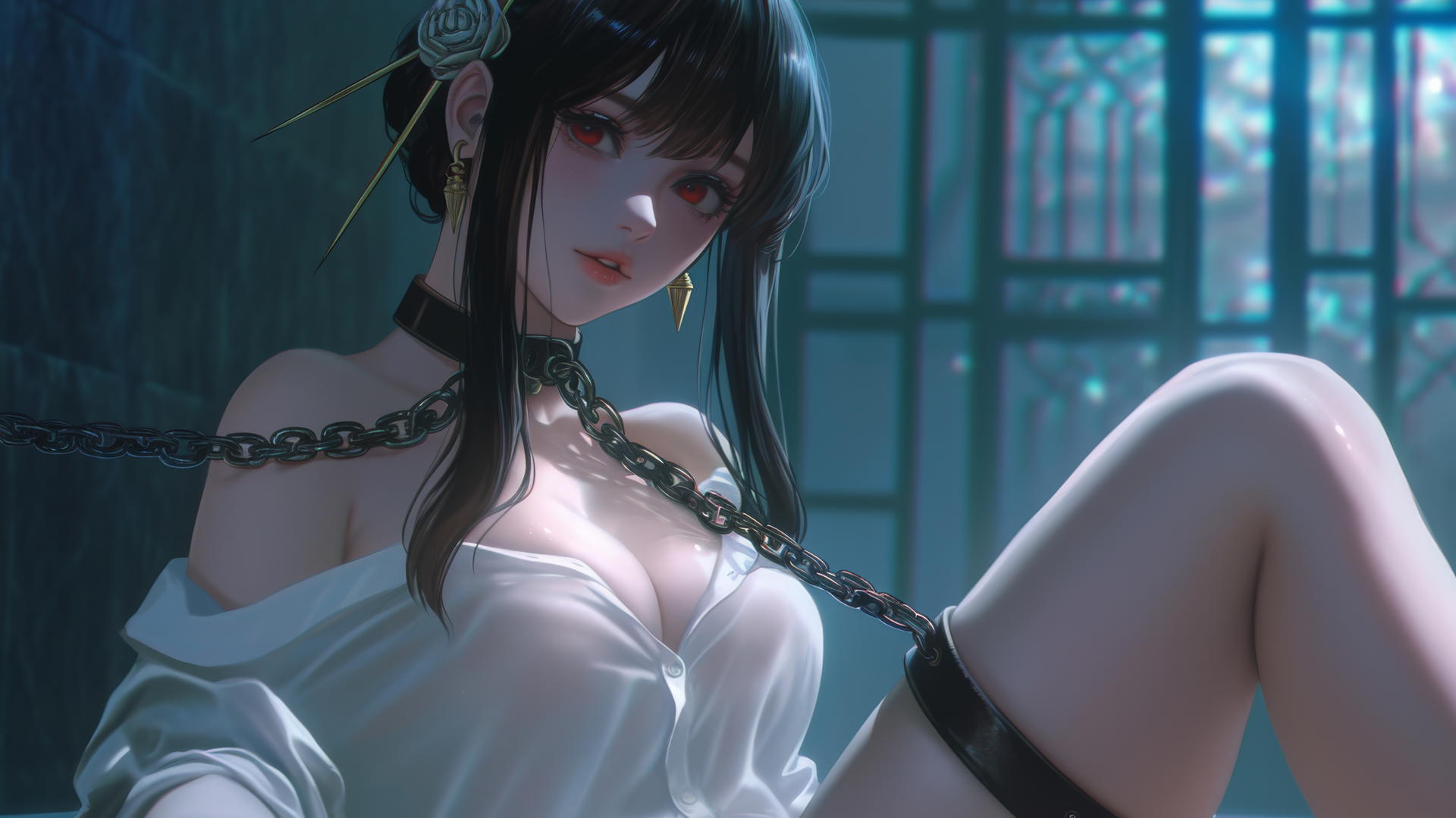 Yor Forger from Spy x Family chained in her apartment under neon light.