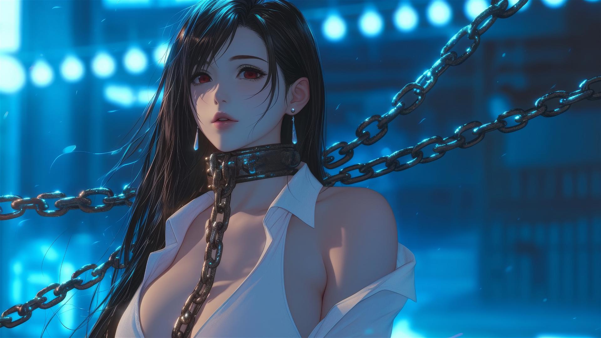 Tifa Lockhart chained in a dark basement with neon light