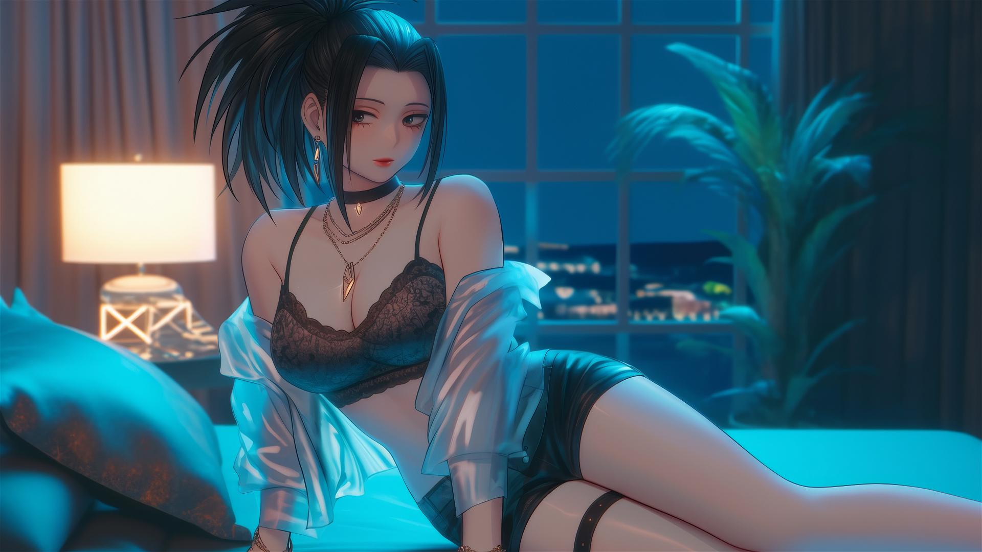 Momo Yaoyorozu in modern hotel room with neon lighting.