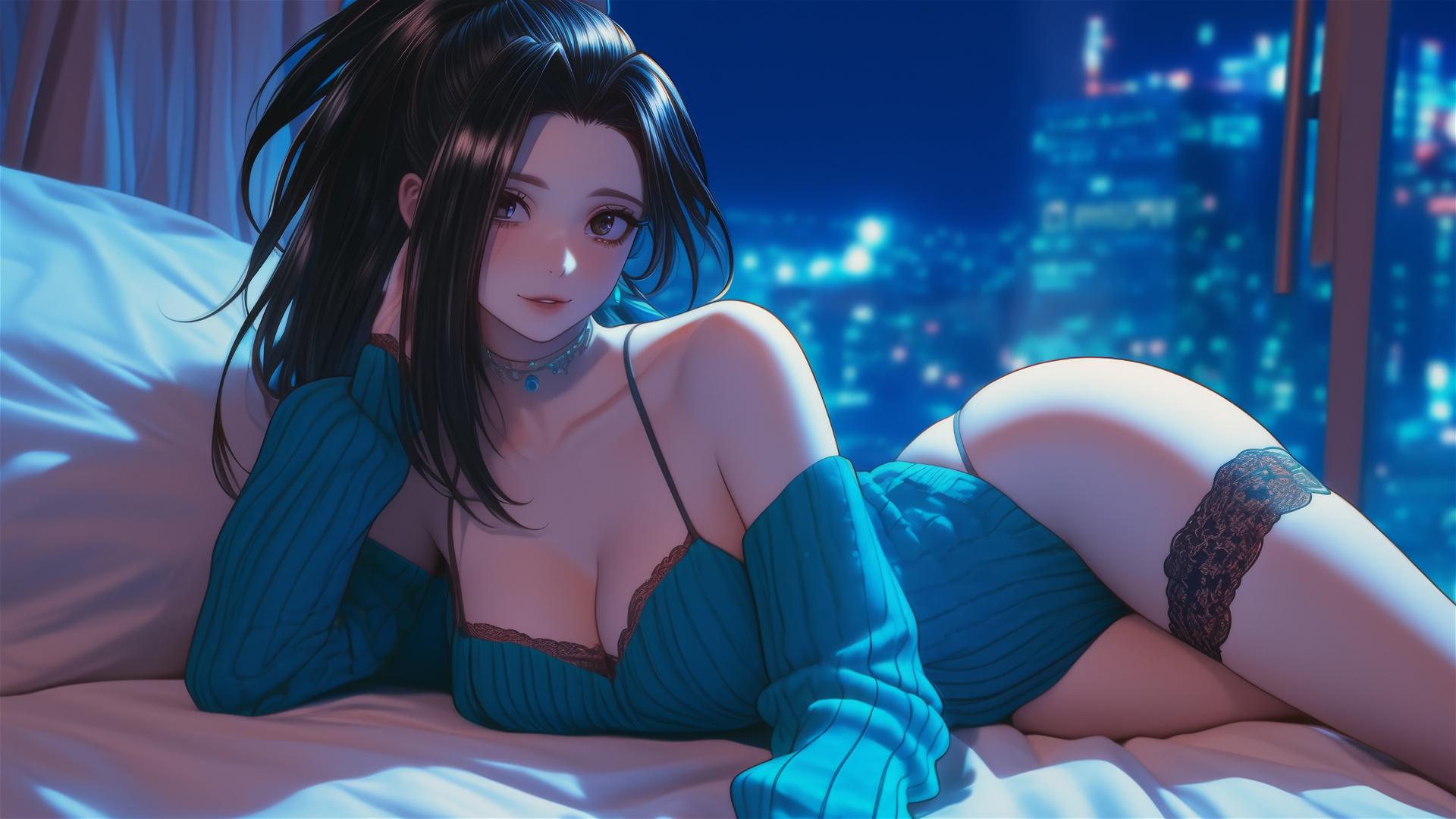 Momo Yaoyorozu from My Hero Academia in a modern hotel room with neon lighting, thigh highlight.