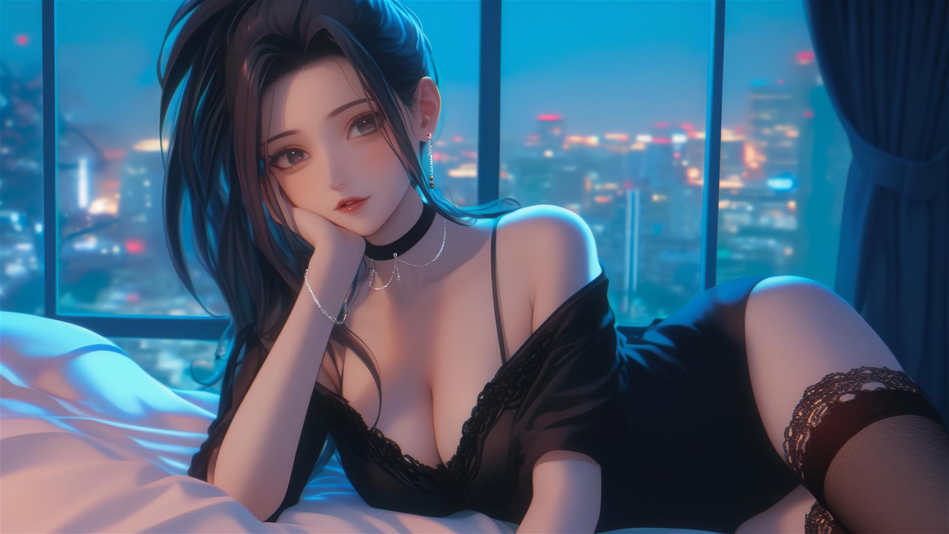 Momo Yaoyorozu in a neon-lit modern hotel room with spiky ponytail and long hair strand.