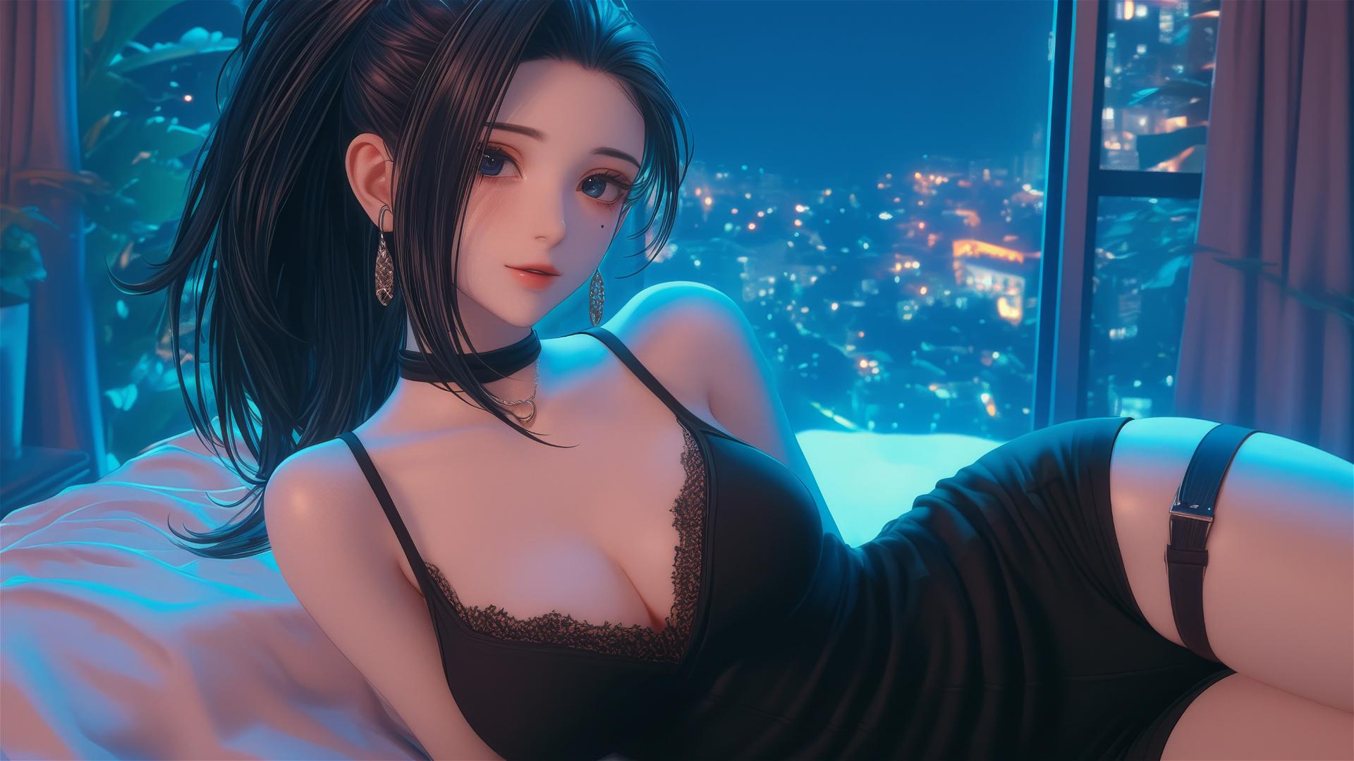Momo Yaoyorozu in modern hotel room with neon light, thigh highlight, and spiky ponytail