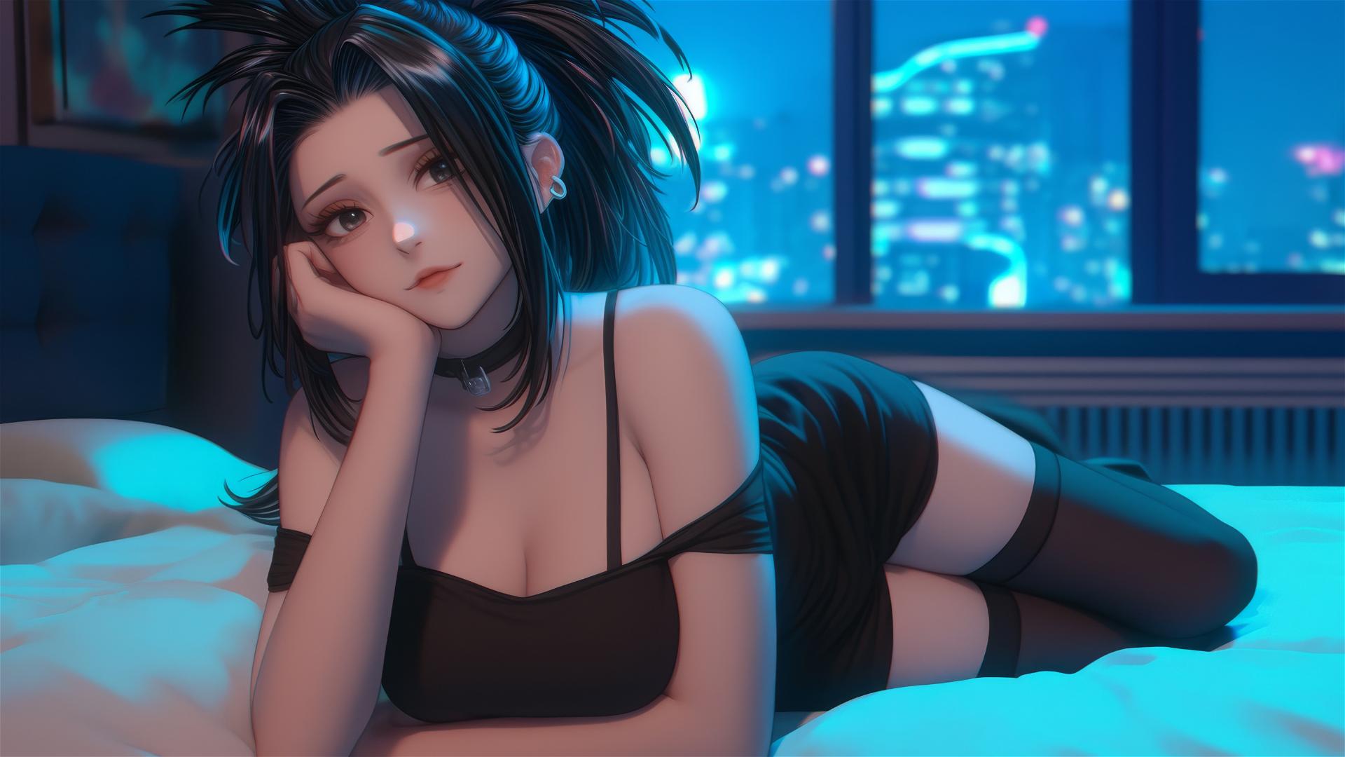 Momo Yaoyorozu from My Hero Academia in a modern hotel room with neon light glow