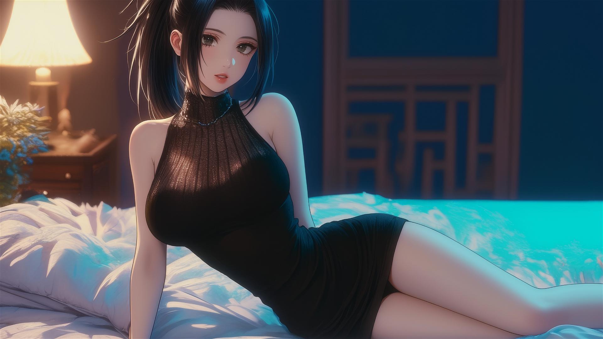 Momo Yaoyorozu in modern hotel room with neon light glow