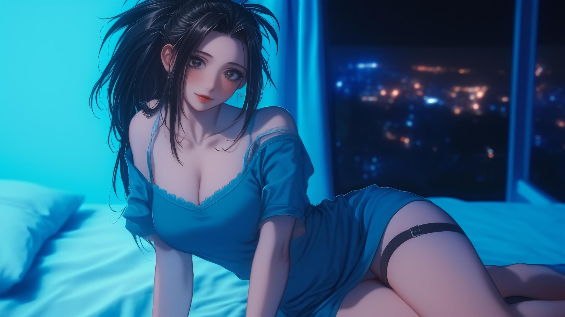 Momo Yaoyorozu from My Hero Academia in a modern hotel room with neon lighting.