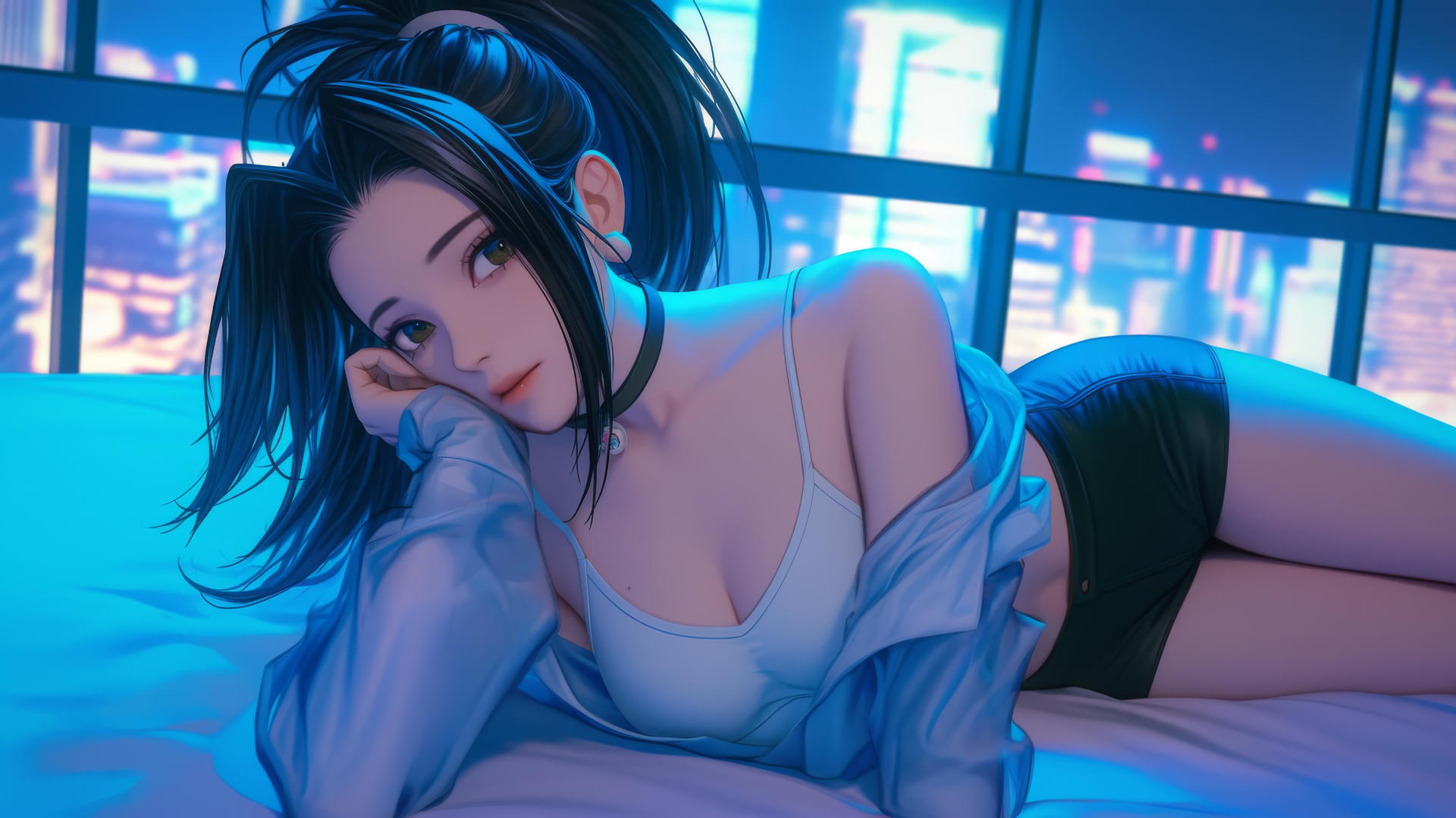 Momo Yaoyorozu in a modern hotel room with neon light casting a glow.